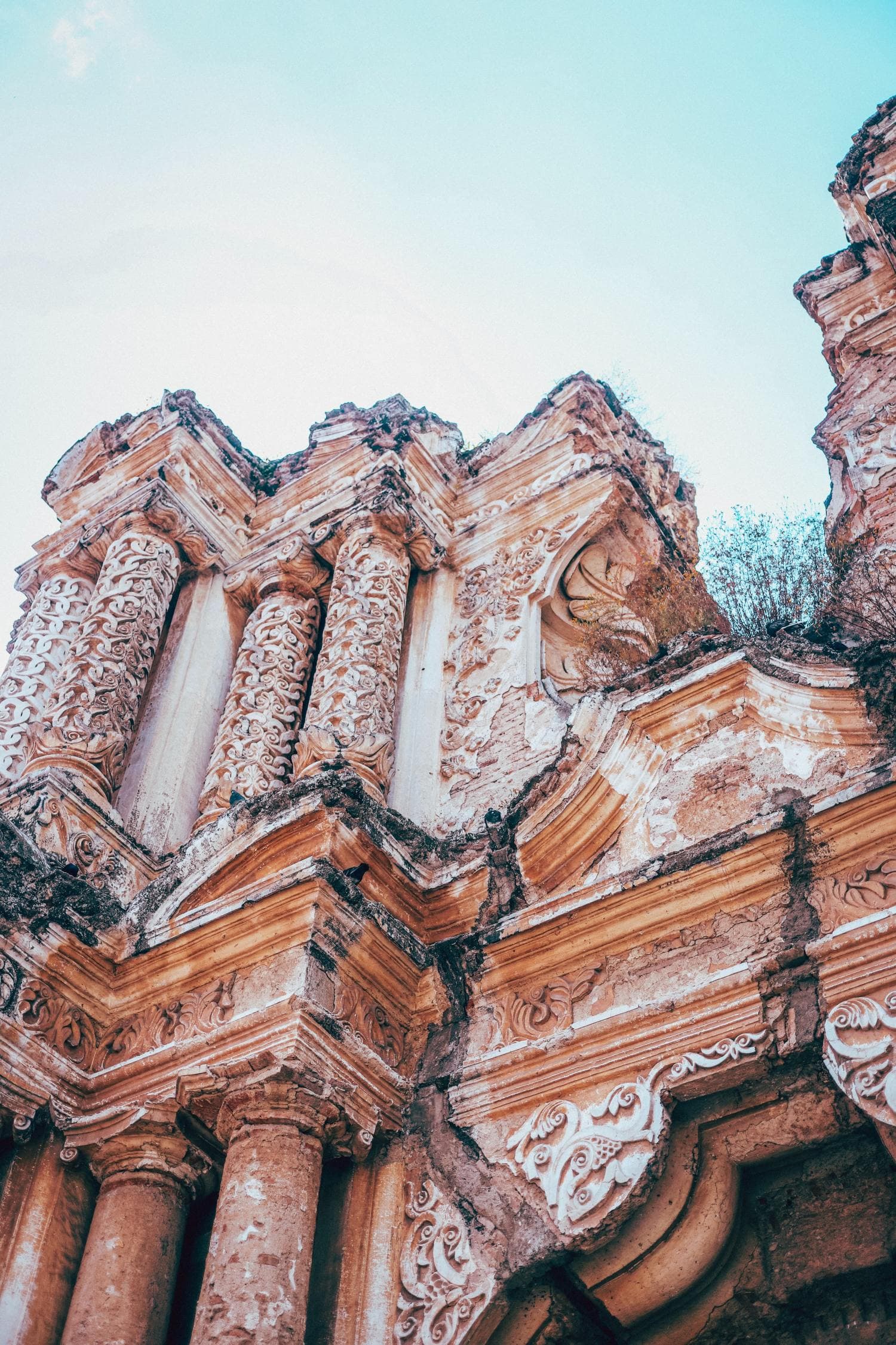 Close-up of remnants of Our Lady Carmen Church in Antigua, Guatemala on a sunny day.
