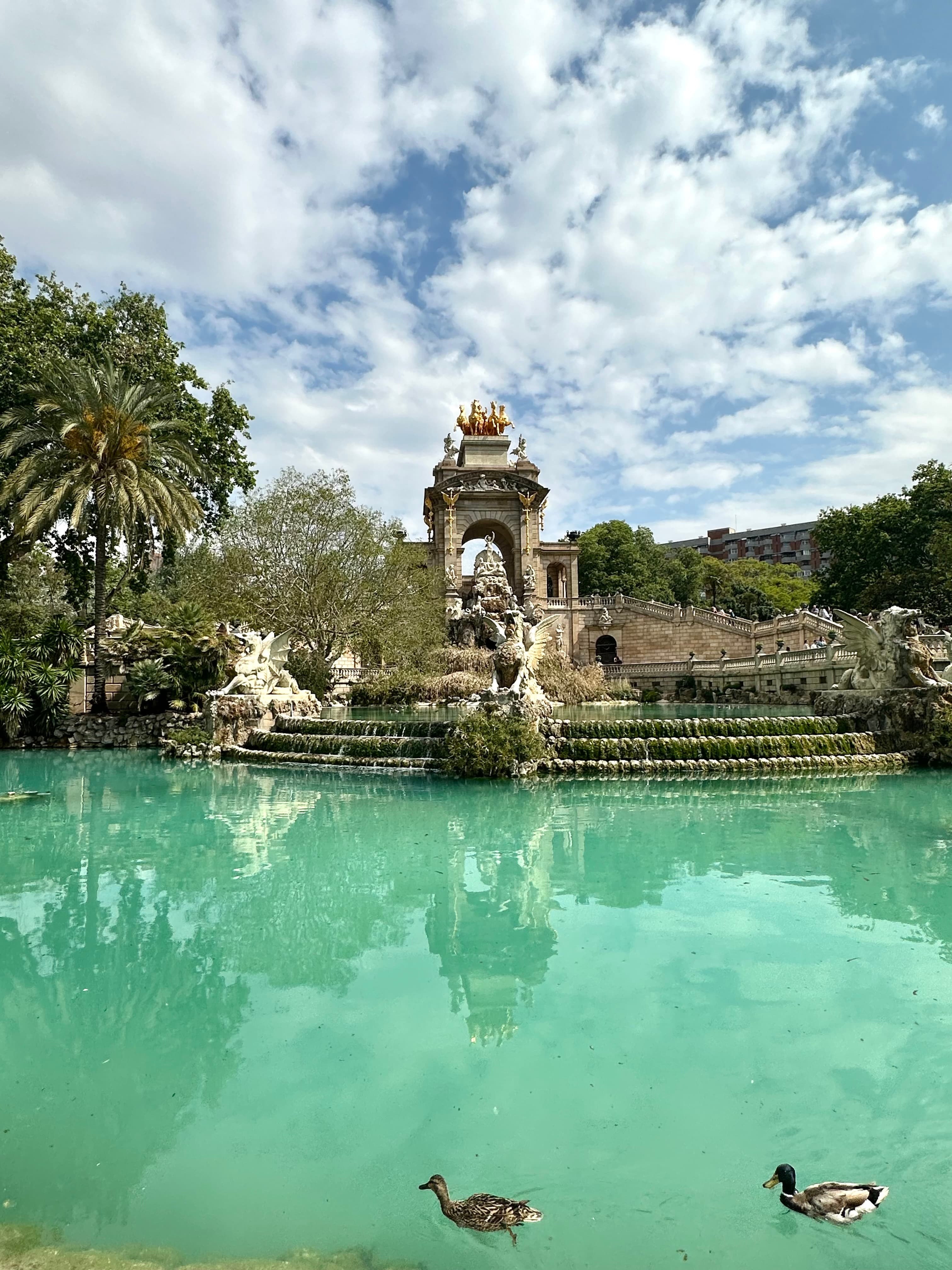 A view of ducks swimming in a sea foam green pond with elaborate stone work and trees in the background under a cloudy sky.