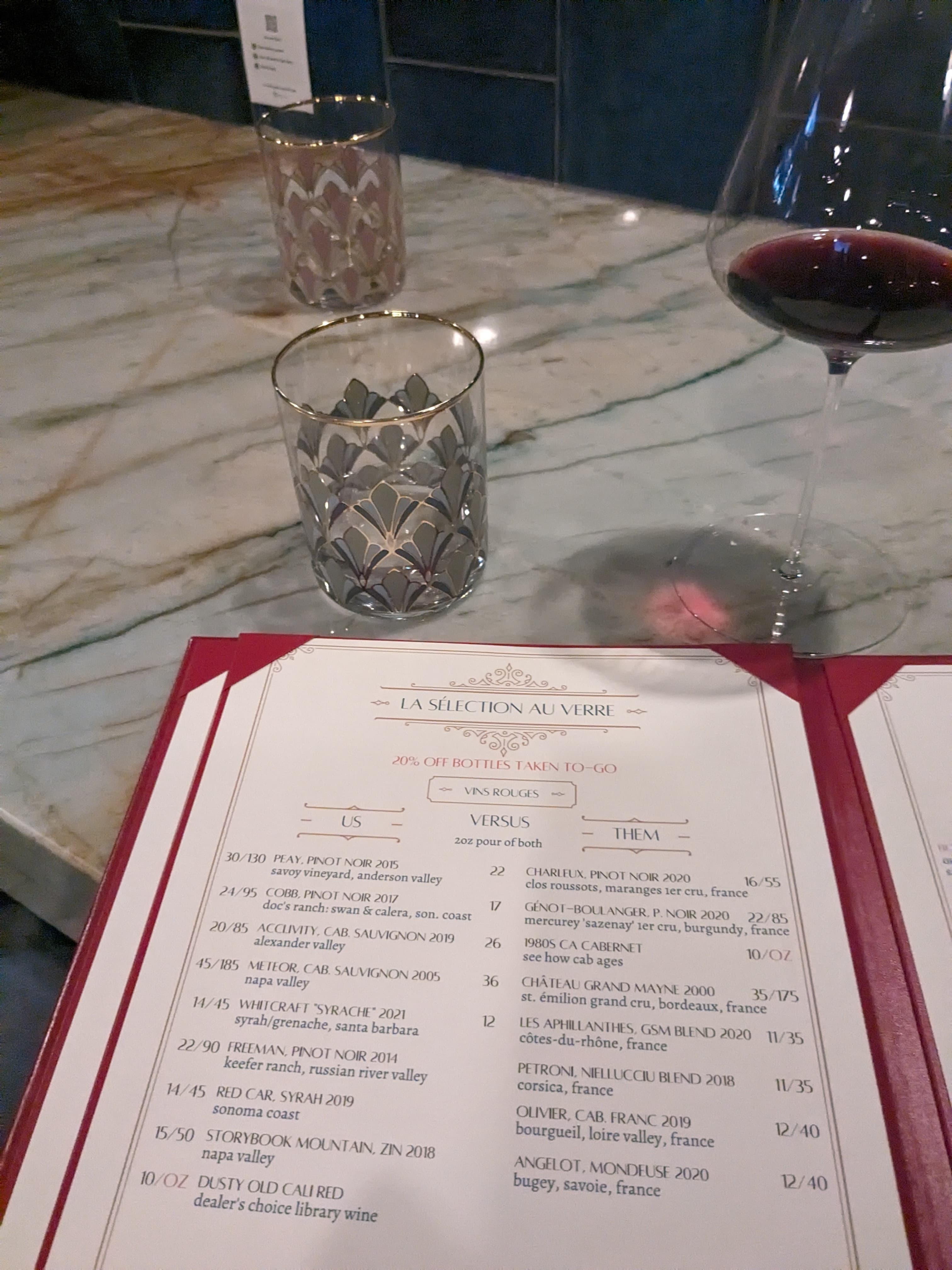 A wine menu and a glass of red wine on table.