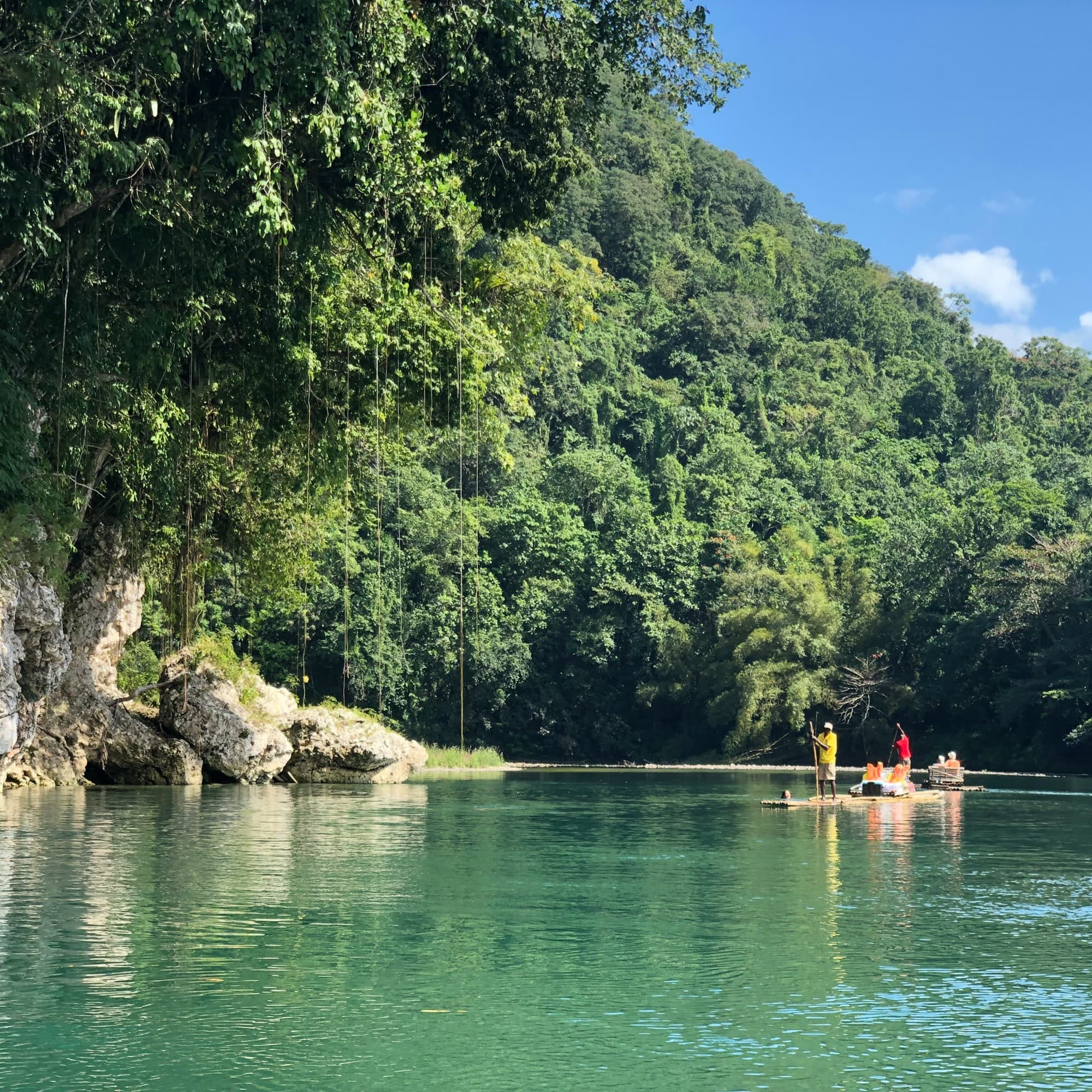 An aerial view of the river surrounded by green mountains during daytime.