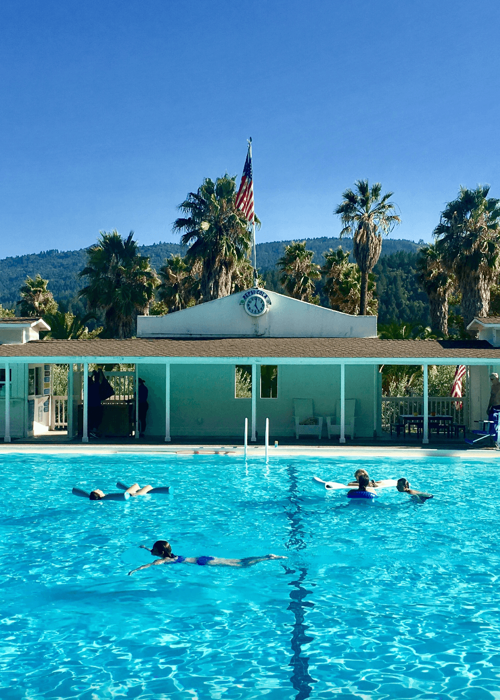 A vibrant blue swimming pool in front of a bright blue building, American flag pole and palm trees. There are people swimming in the pool as well.