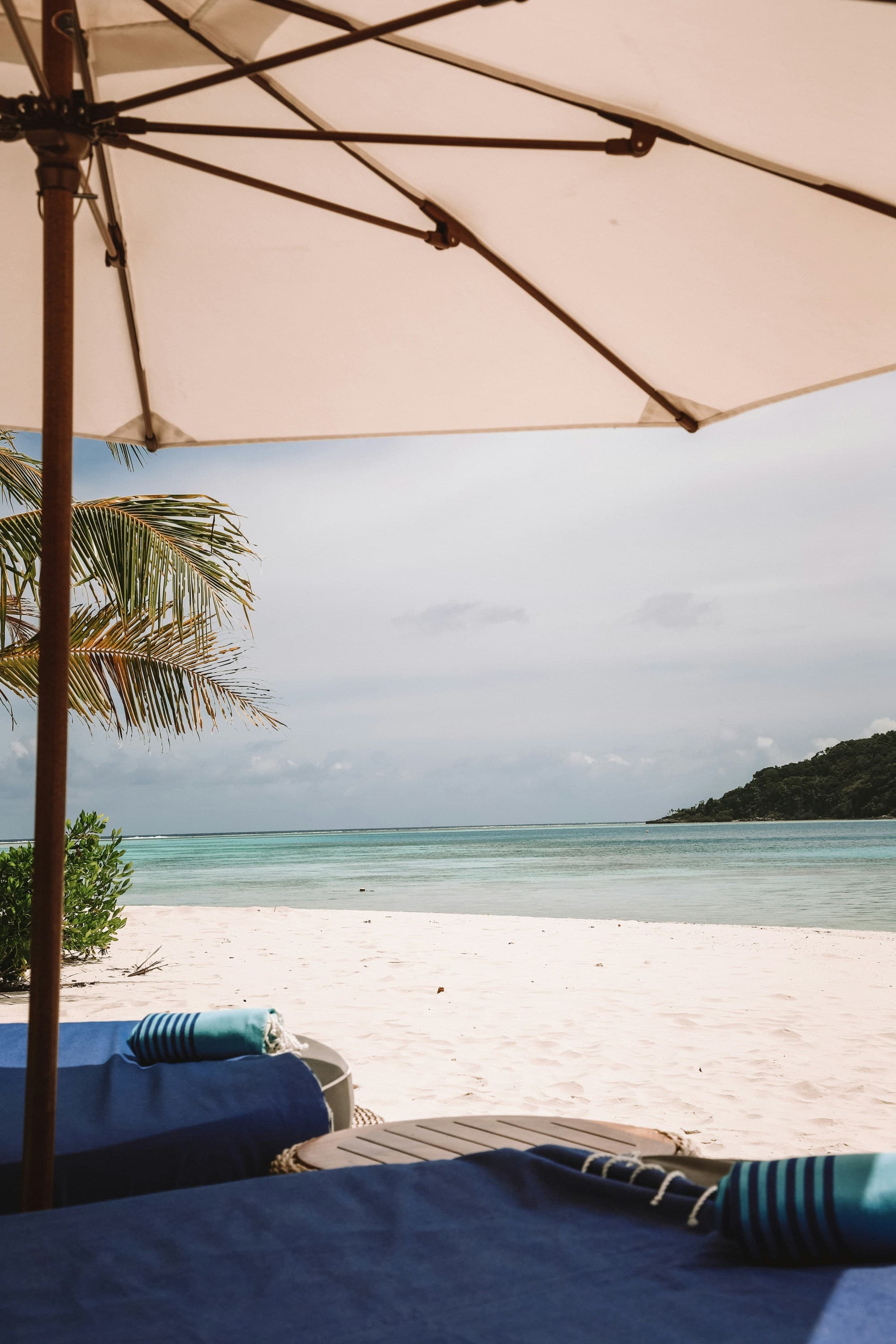 A picture of a beige umbrella near a beach during daytime.