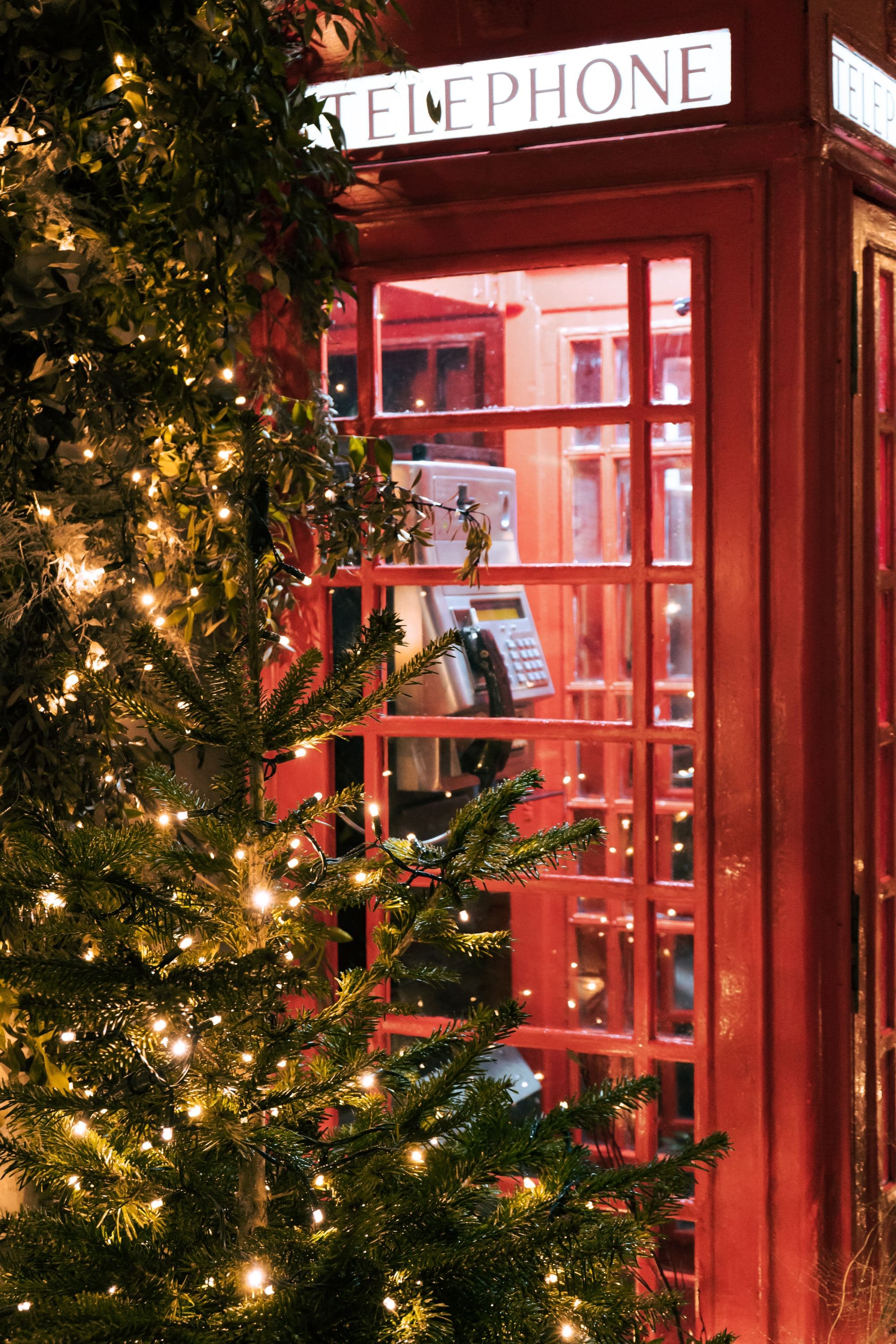 A picture of a telephone booth with Christmas lights