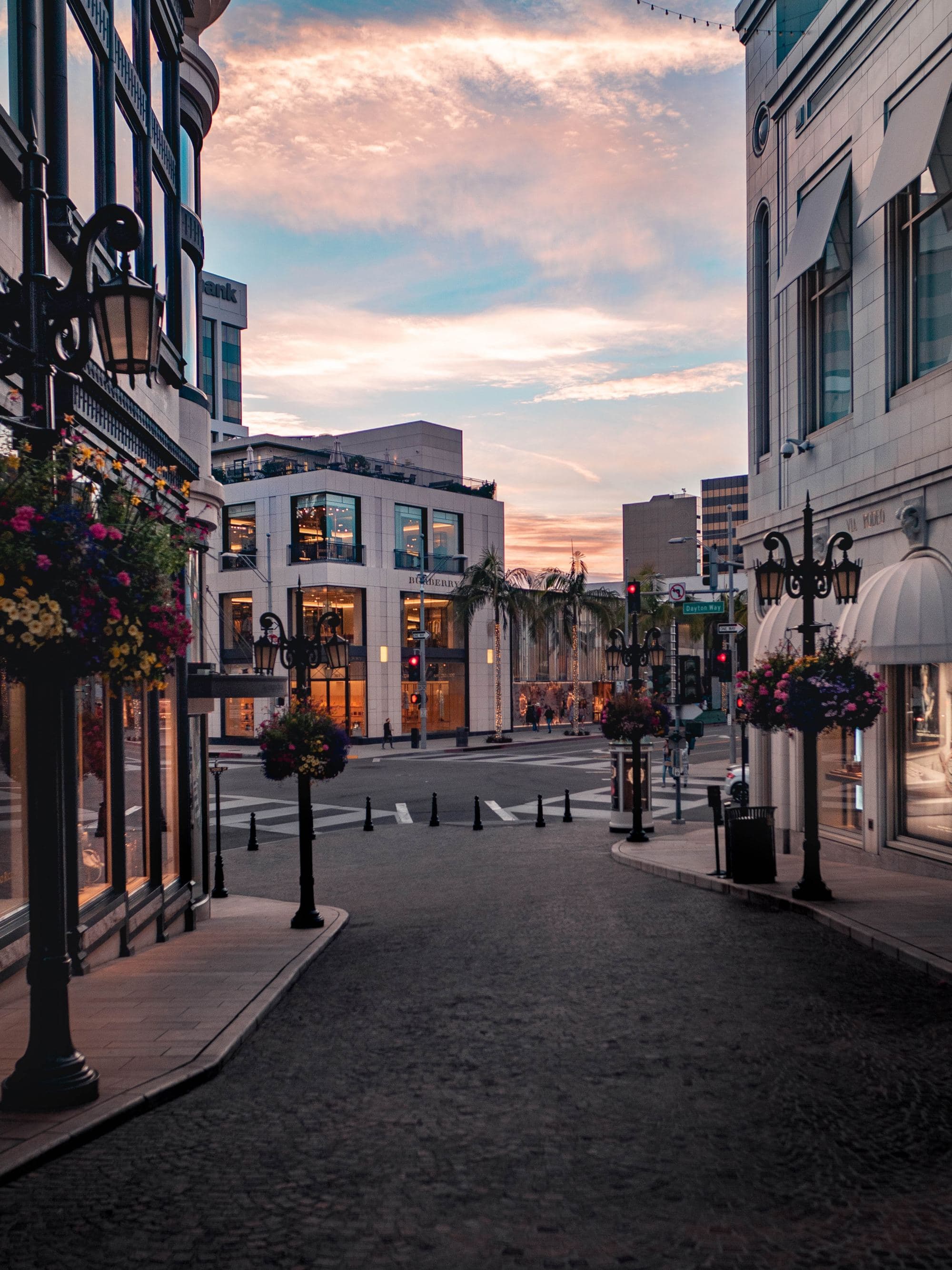 A street of Beverly Hills at sunset.