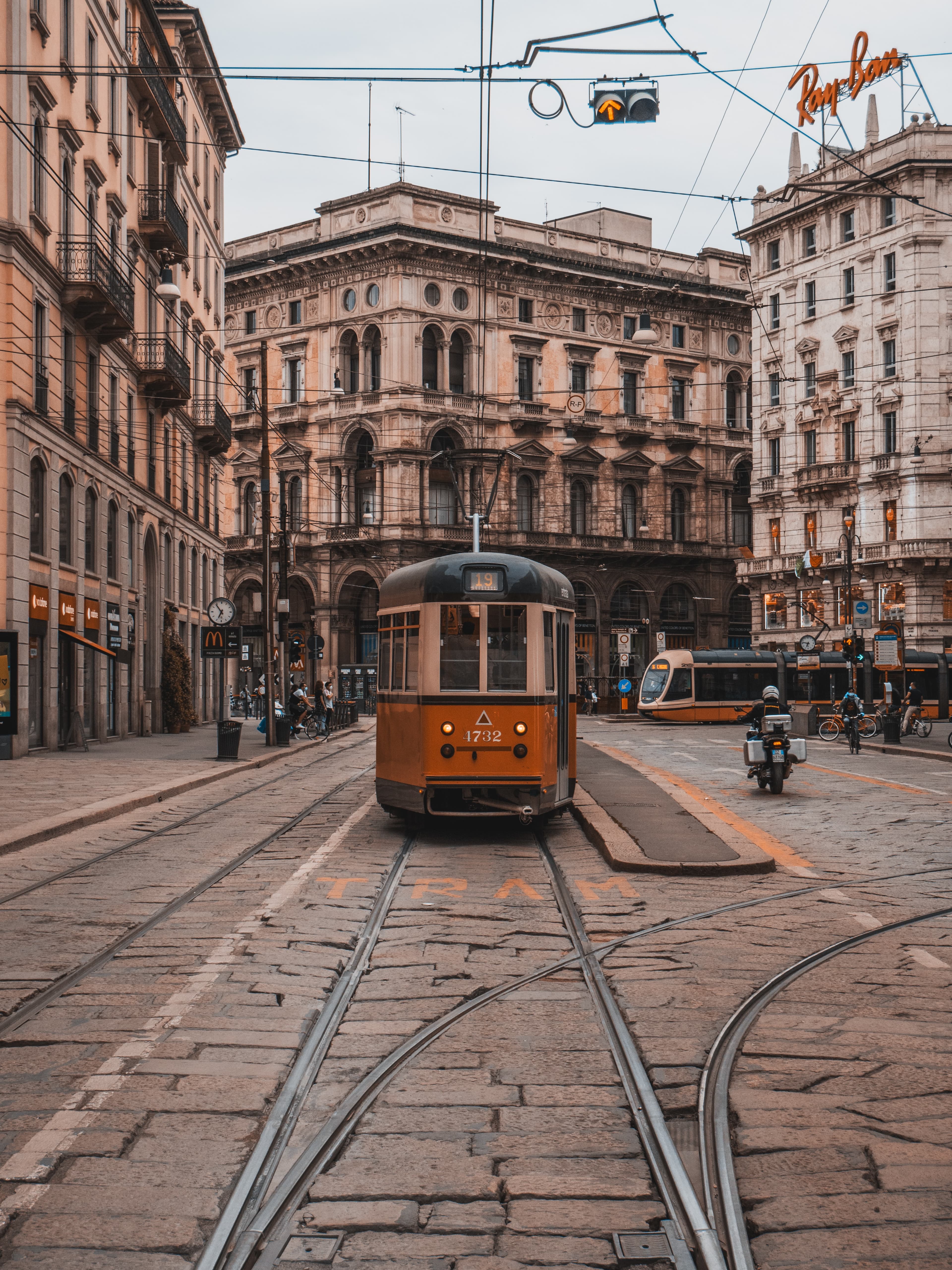 A tram on the old streets of Milan.