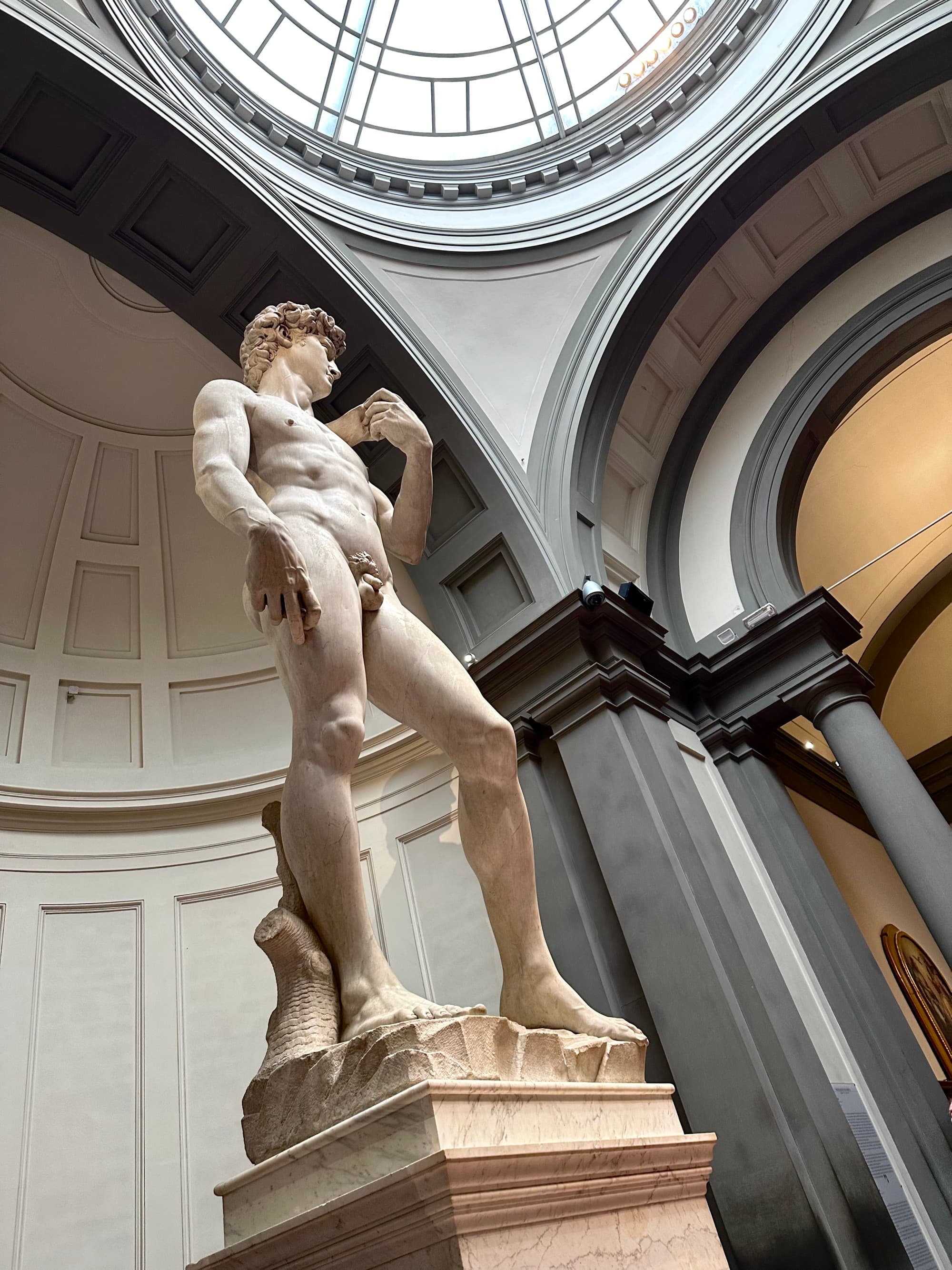 Statue of a naked man inside a museum.
