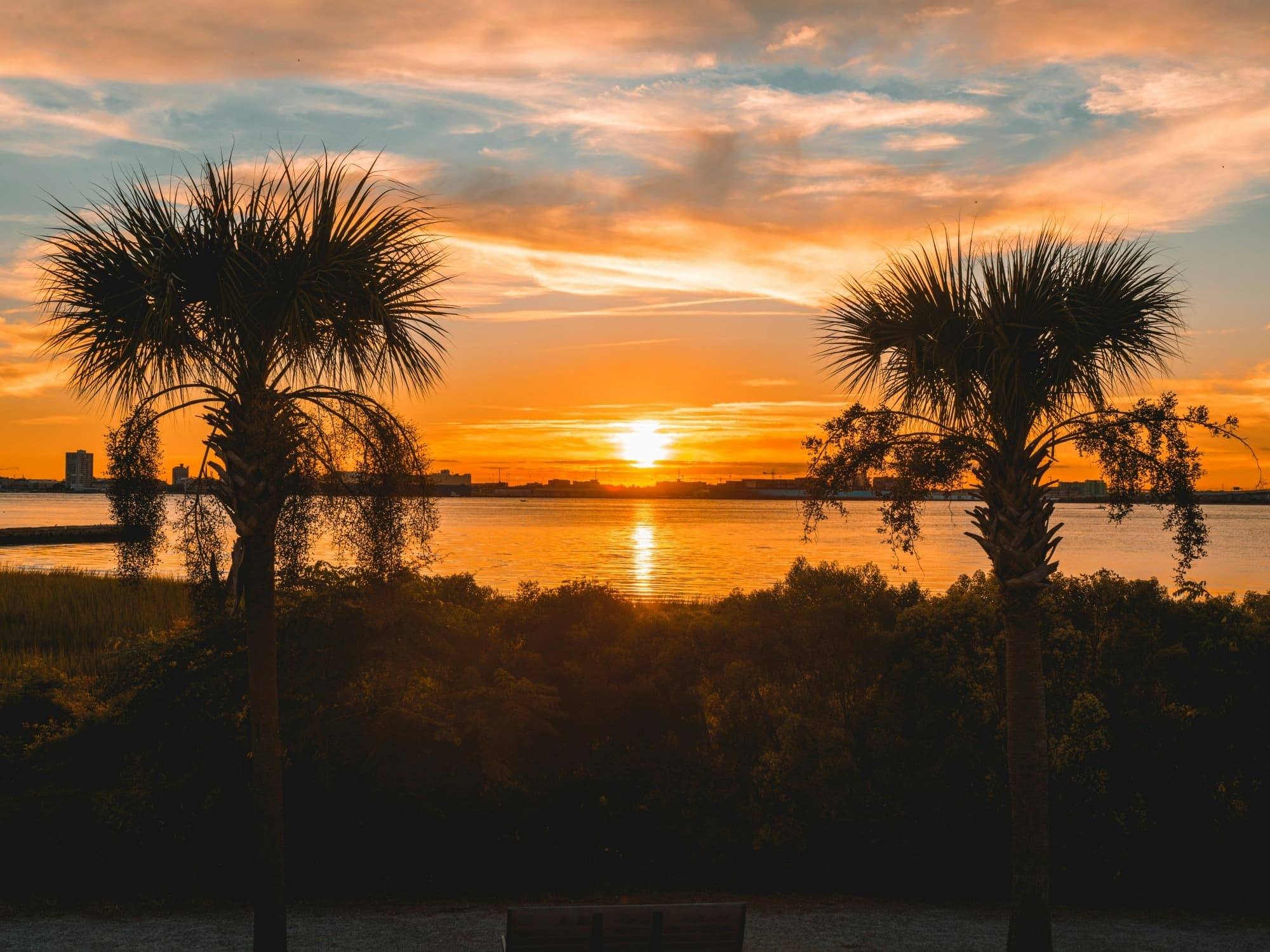Sunset on a waterbody between trees.