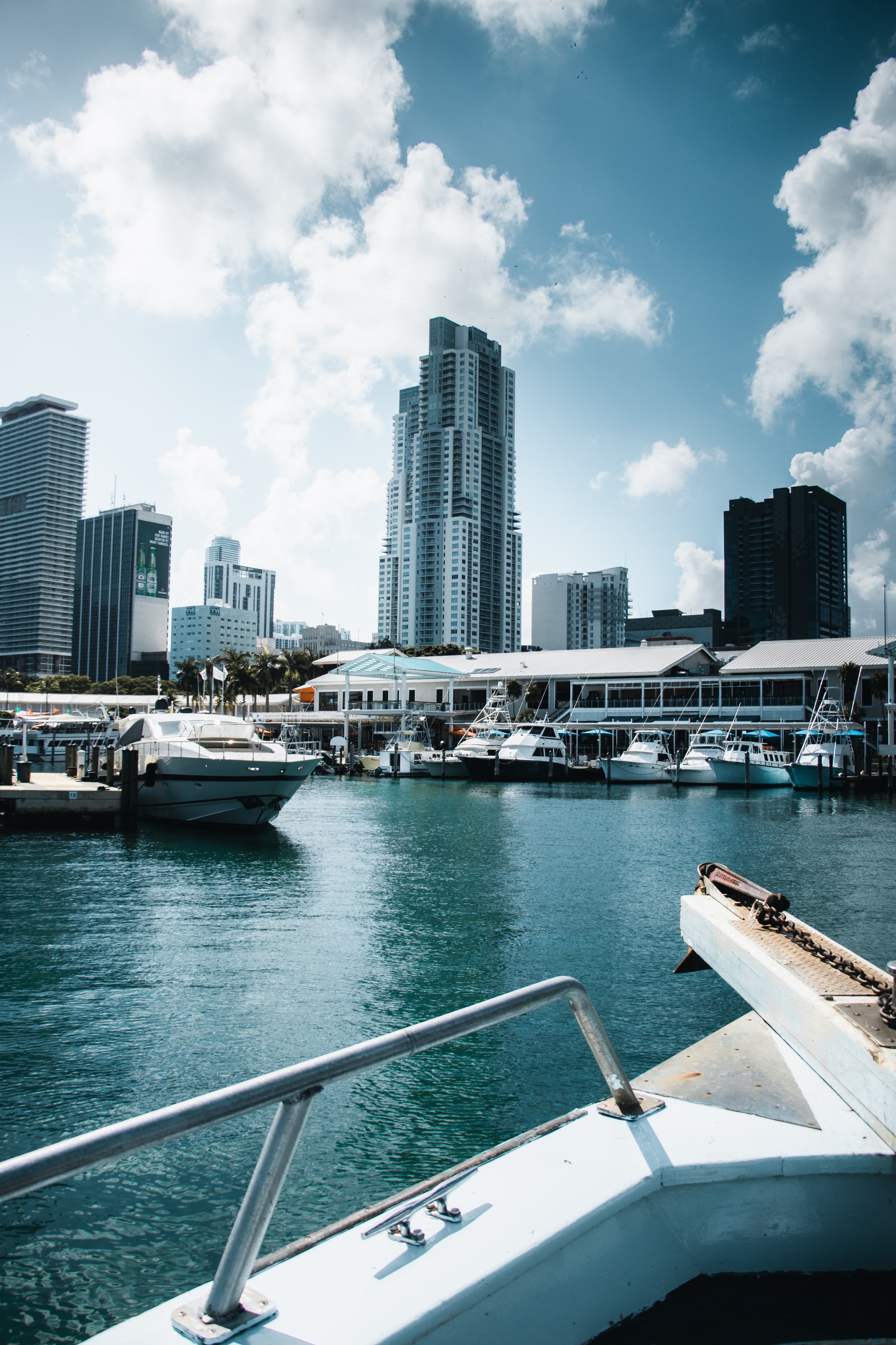 View of the Miami shoreline from a boat.
