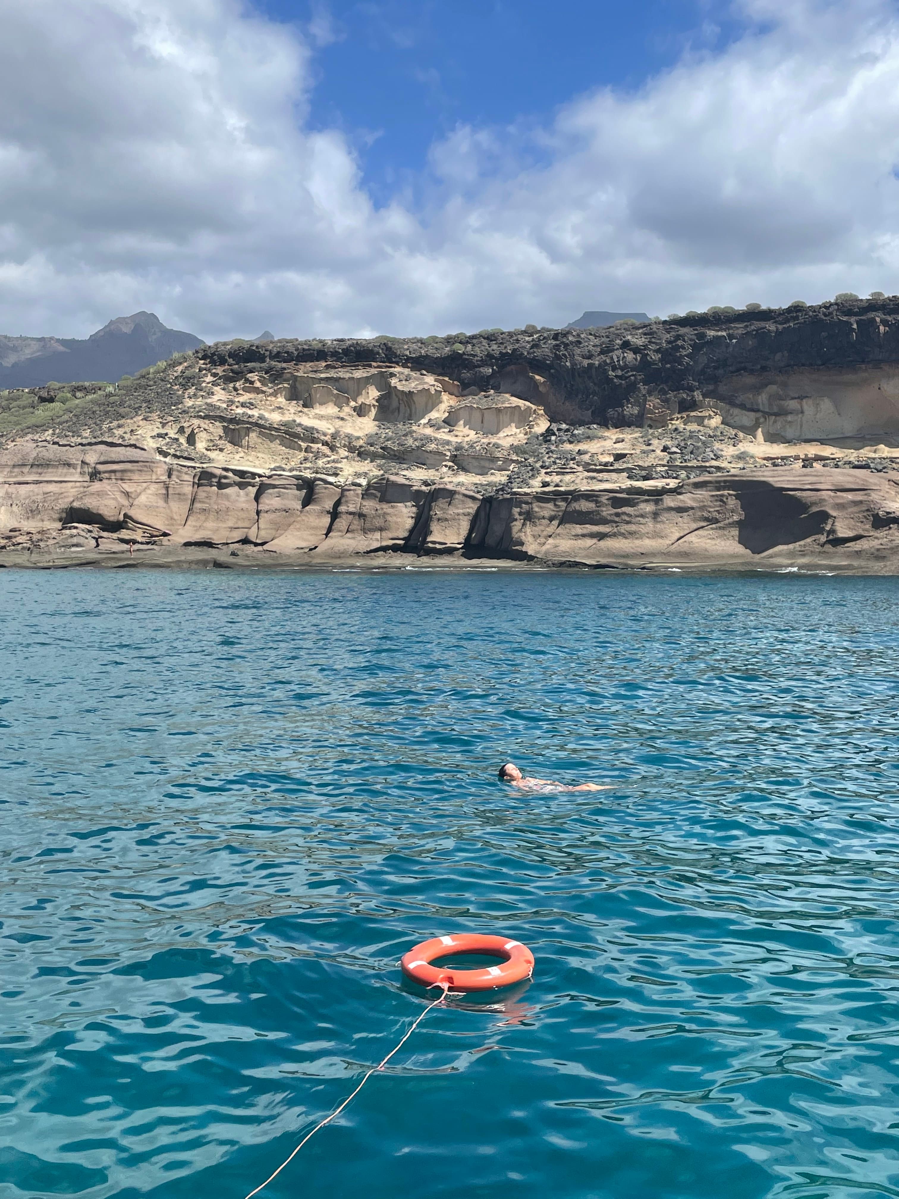 A view of a person floating on the rippling blue water with a rocky landscape in the background.