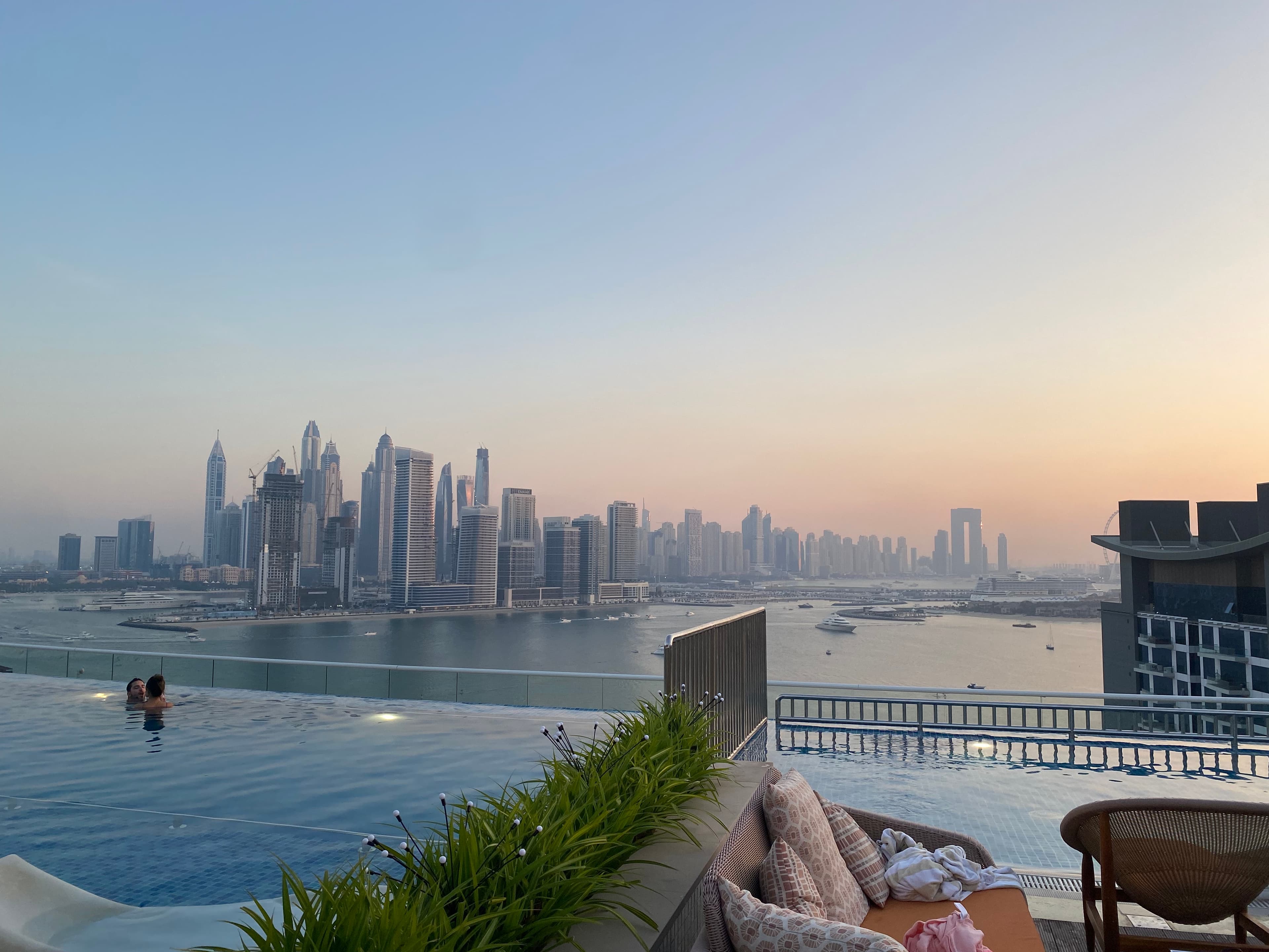 A view of the city during the early evening.