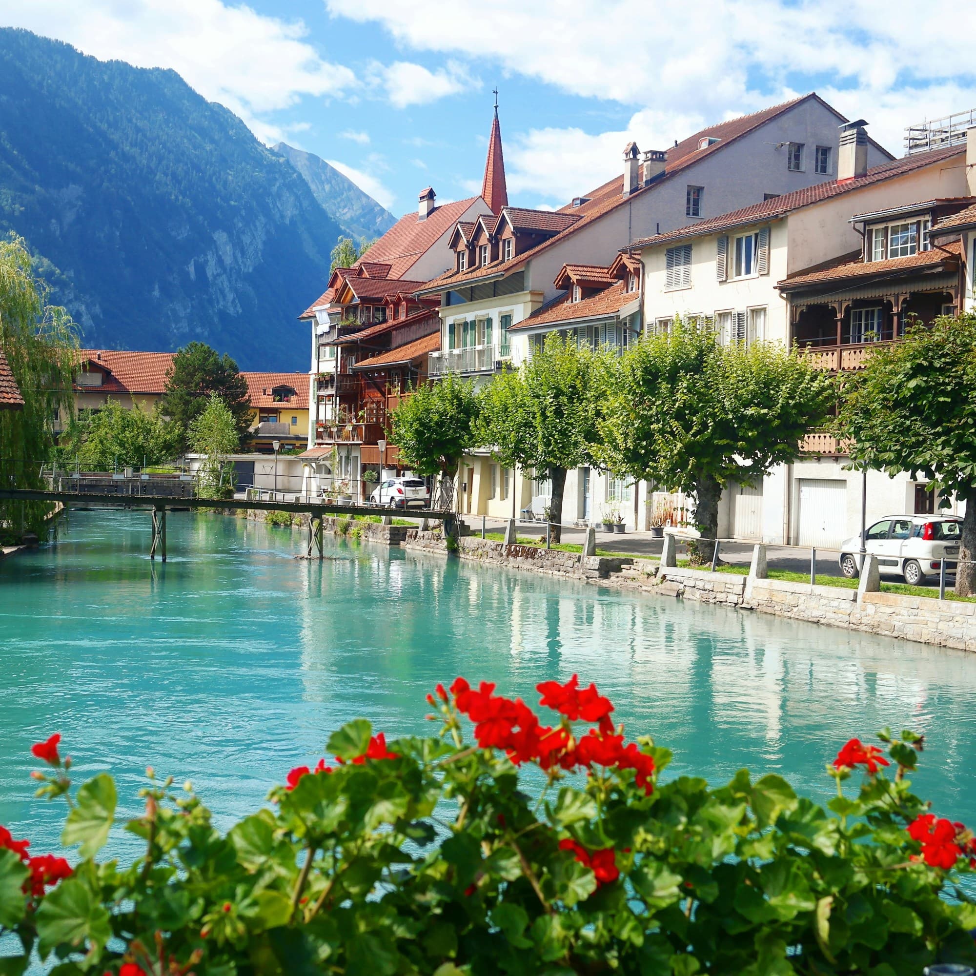This picture depicts a picturesque Swiss town with traditional buildings, a clear turquoise river, mountains in the background and red flowers in the foreground.