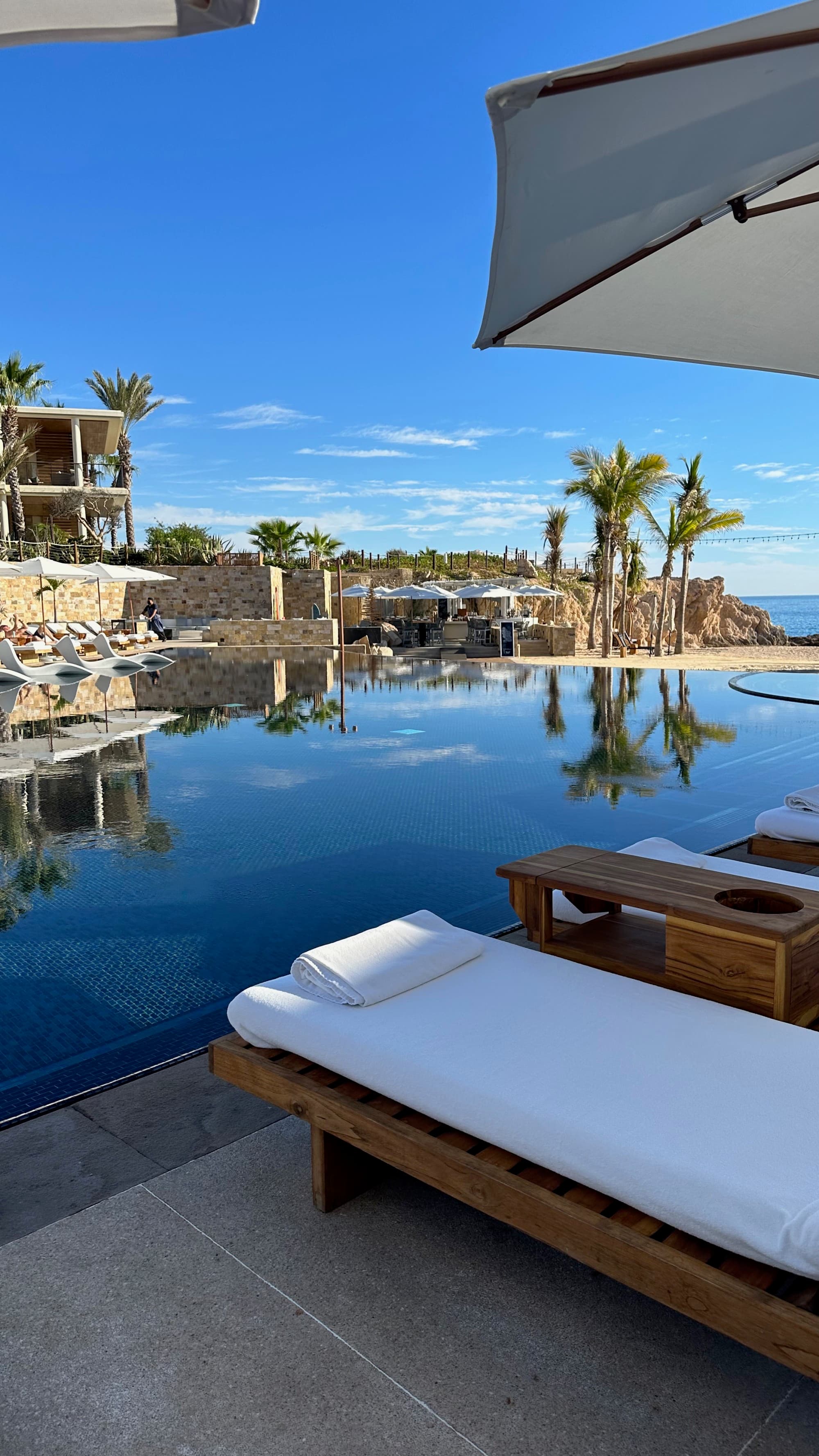 A view of a pool deck with lawn chairs and reflective water. There are palm trees in the background too.