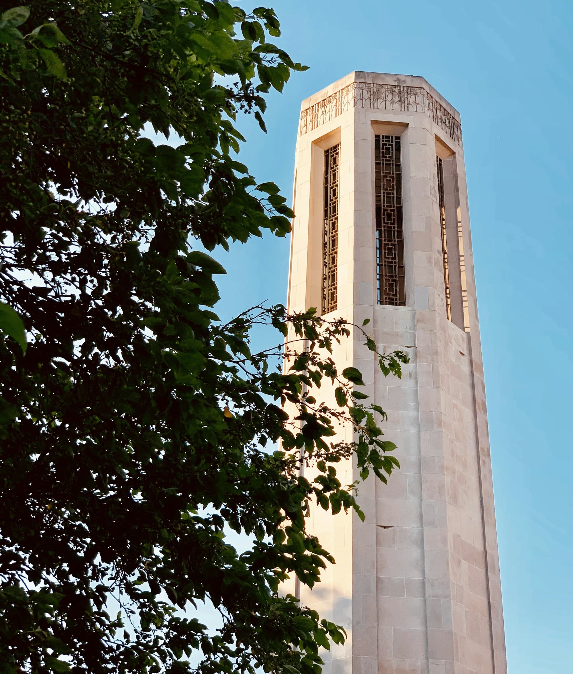 A picture of tall tower-like building next to a green tree during the daytime