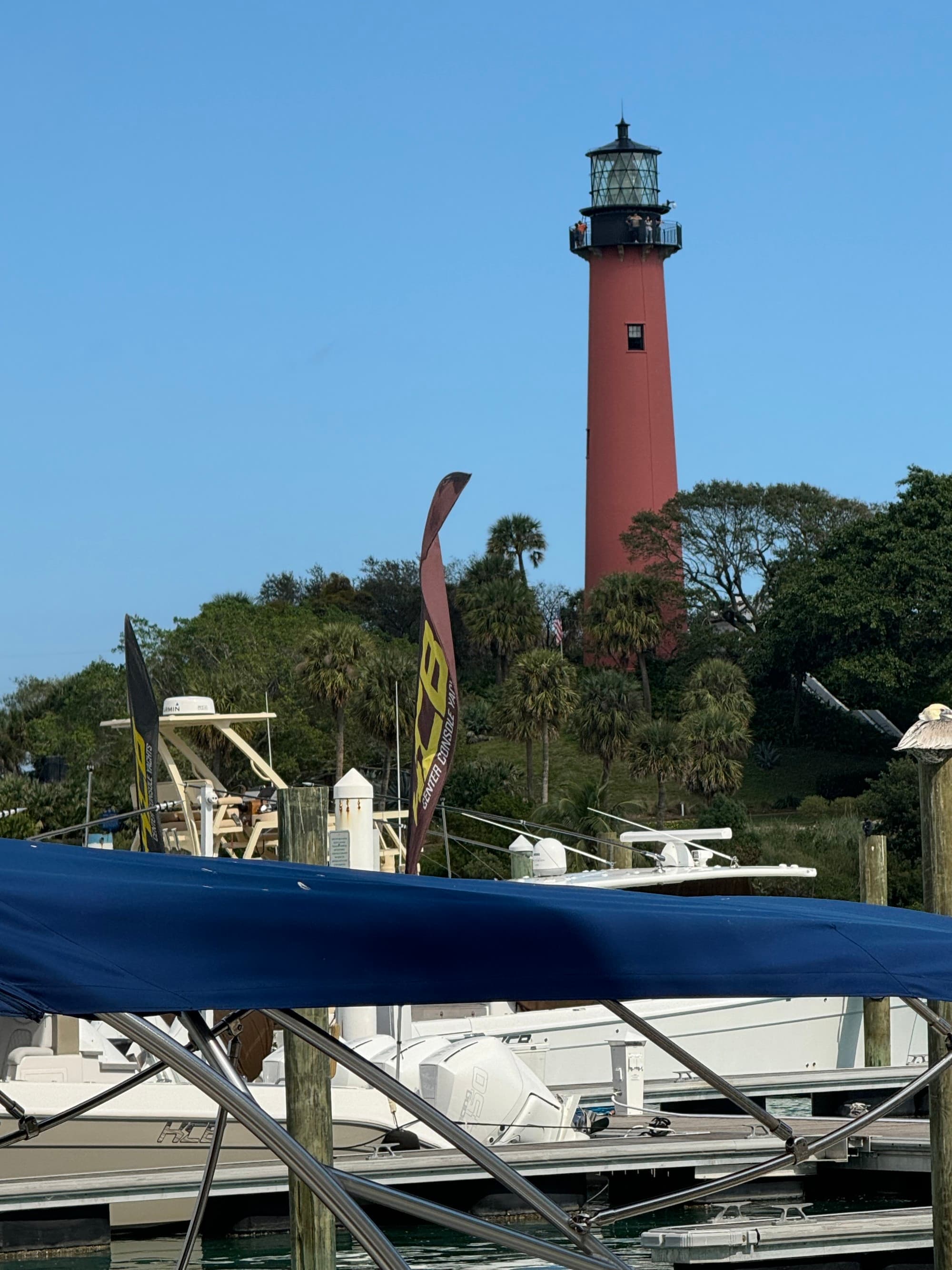 A picture of a rust colored light house surrounded by trees during the daytime.