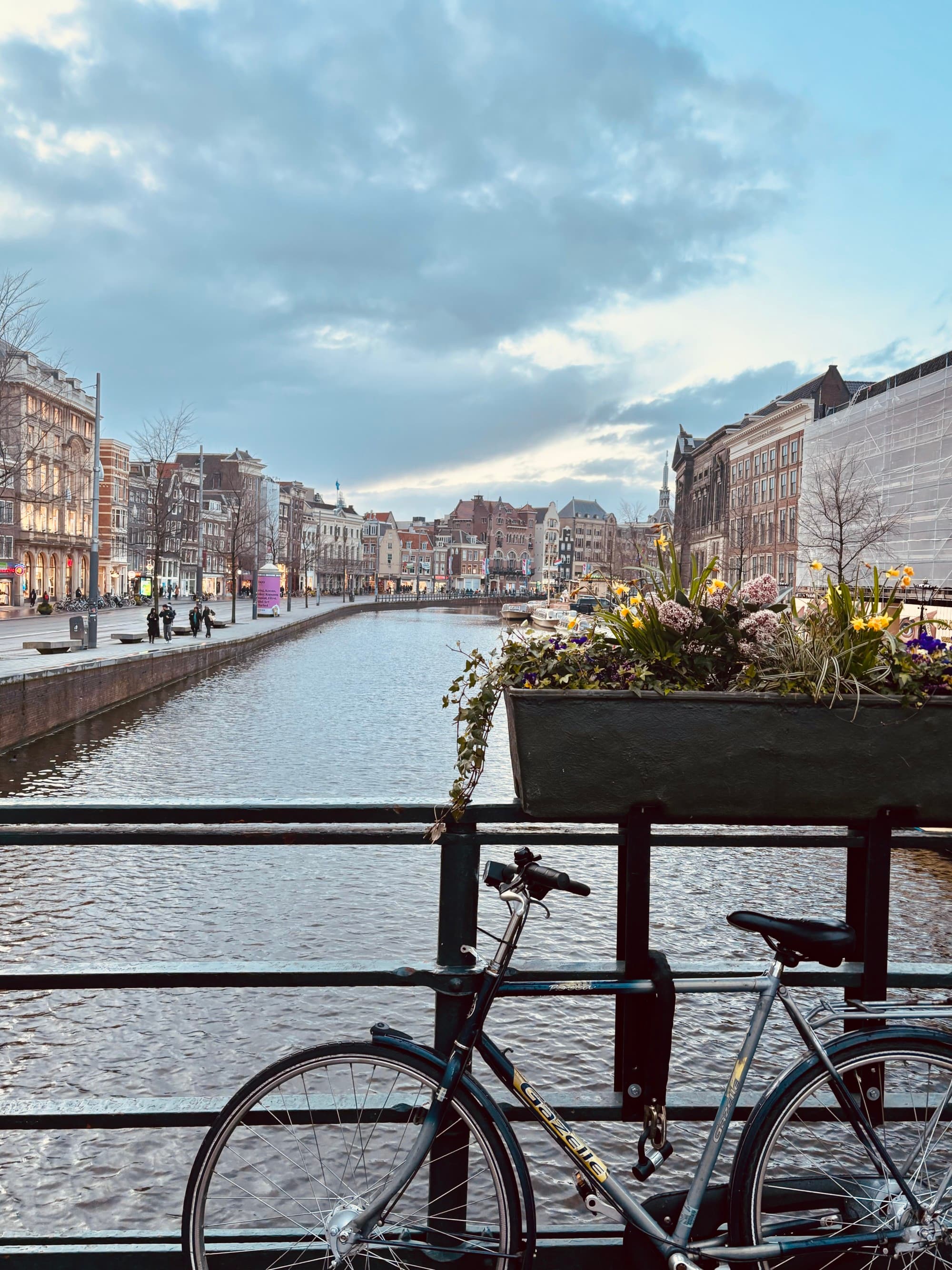 A bike parked on a bridge next to a flower planter overlooking a canal.