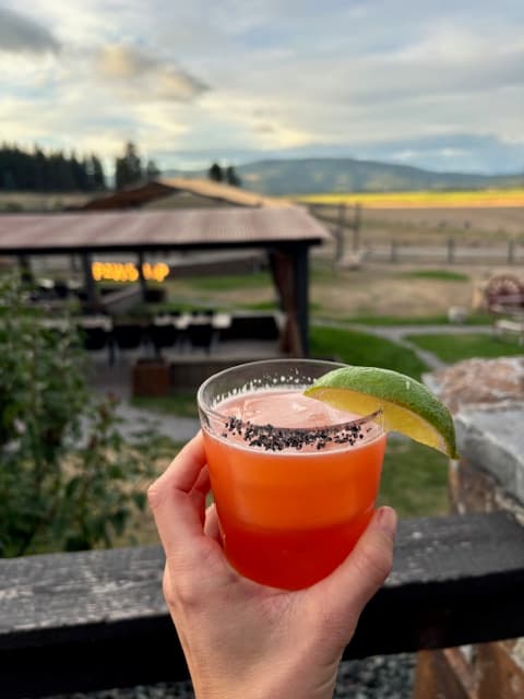An orange cocktail with a lime wedge in someone's hand on a balcony.