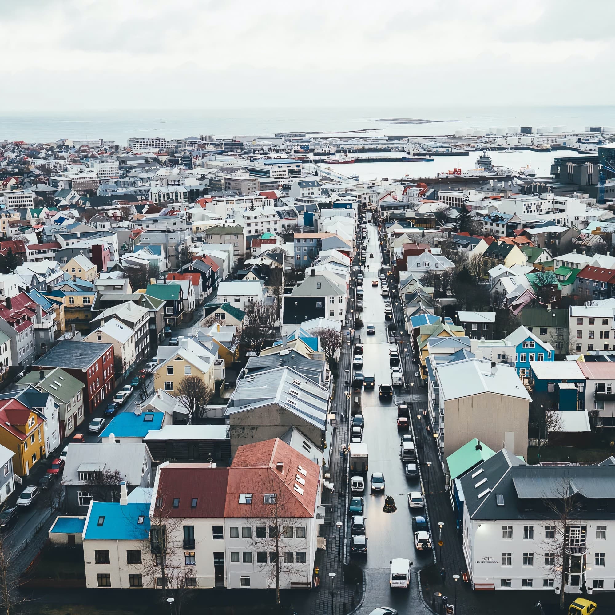 Aerial view of city buildings.