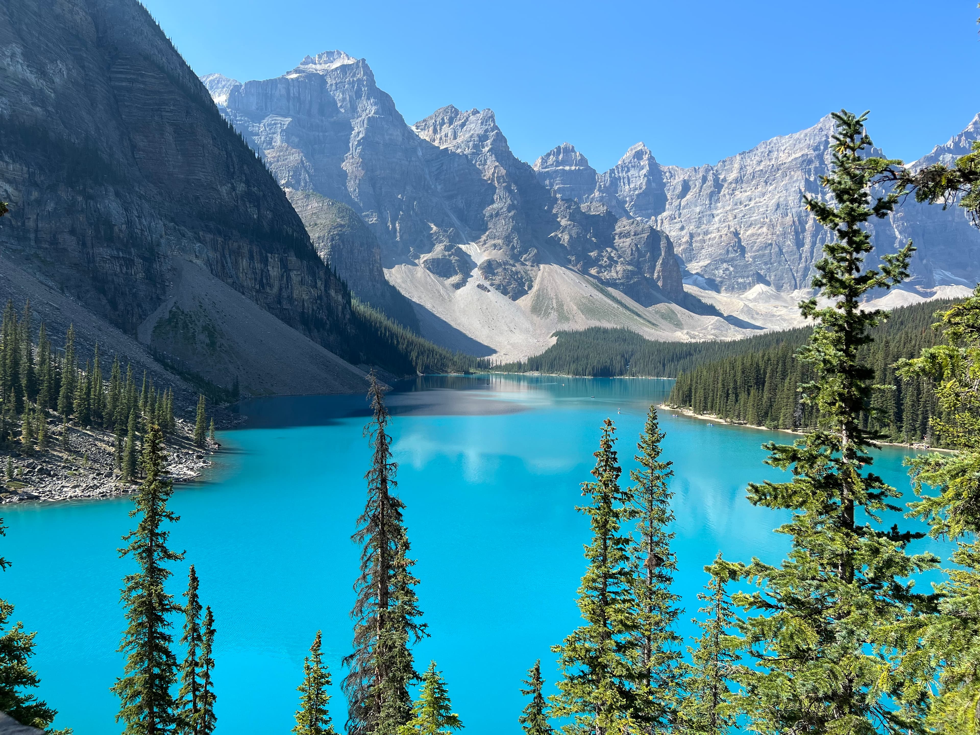 A beautiful view of Moraine Lake with trees and mountains in view