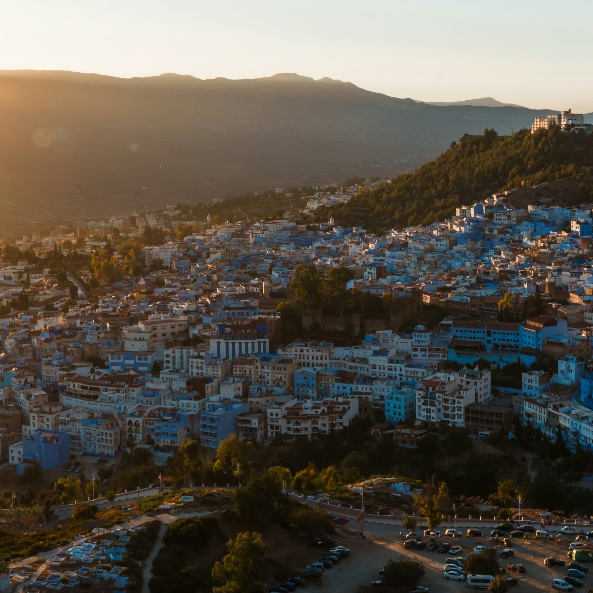 A view of a city with mountains in the background