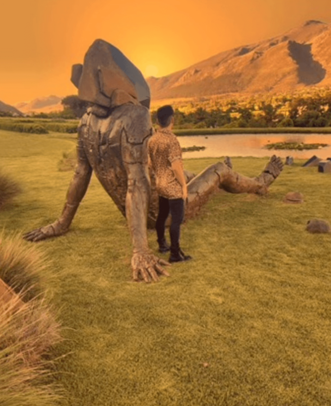 Man standing with a statue. under an orange sky