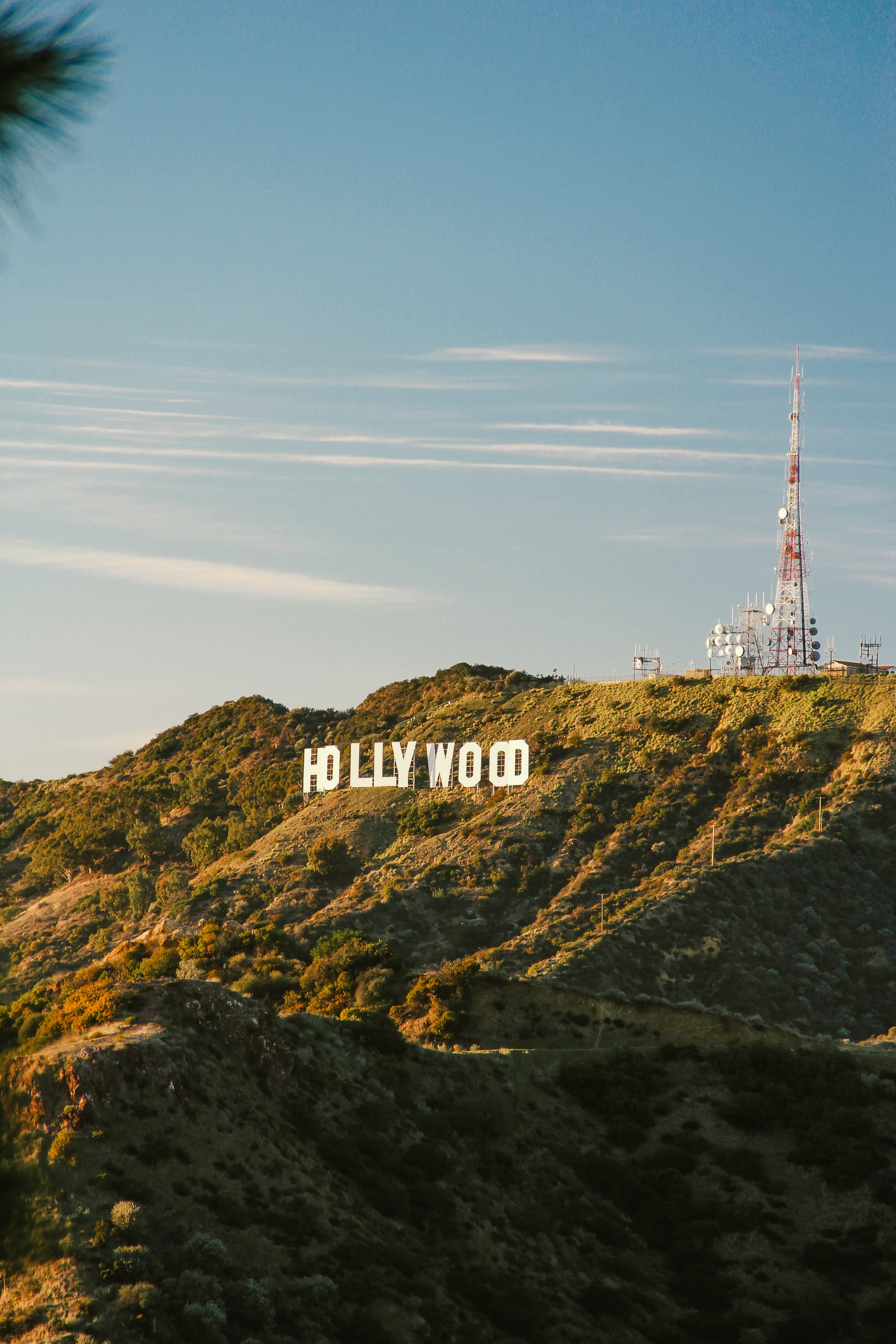 The Hollywood sign on green hills on a blue-sky day.