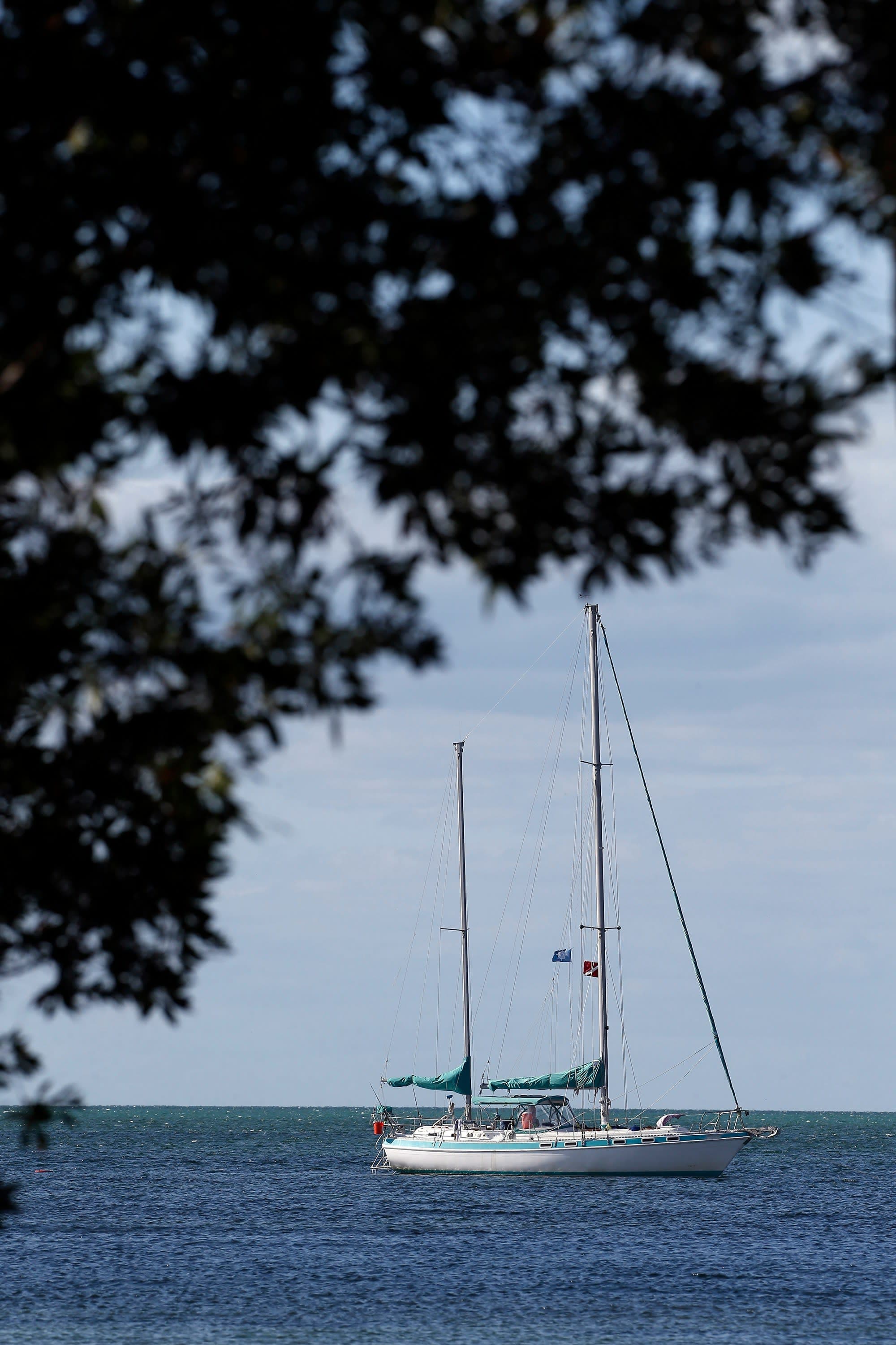 A picture of a white and blue sailboat in the middle of the water.