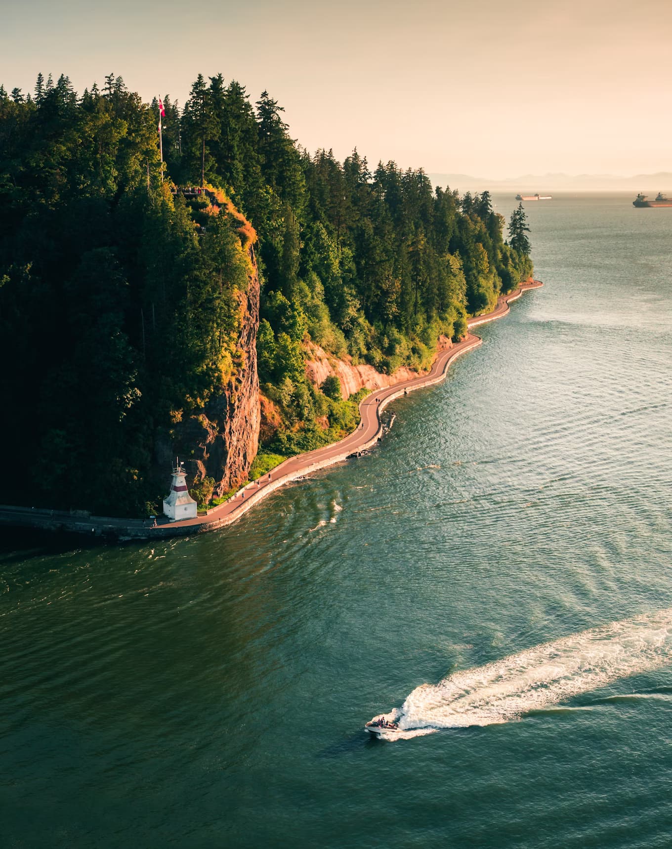 Aerial view of ocean with shore and a boat.