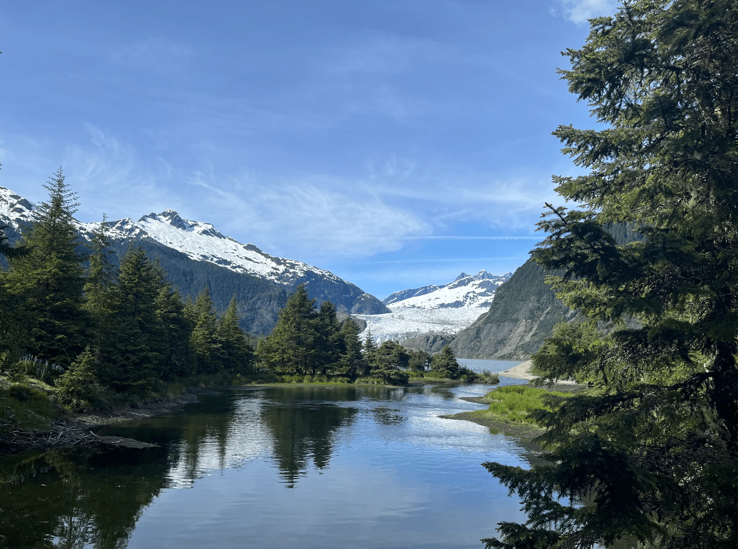 A lake in front of snow peaked mountains and pine trees.
