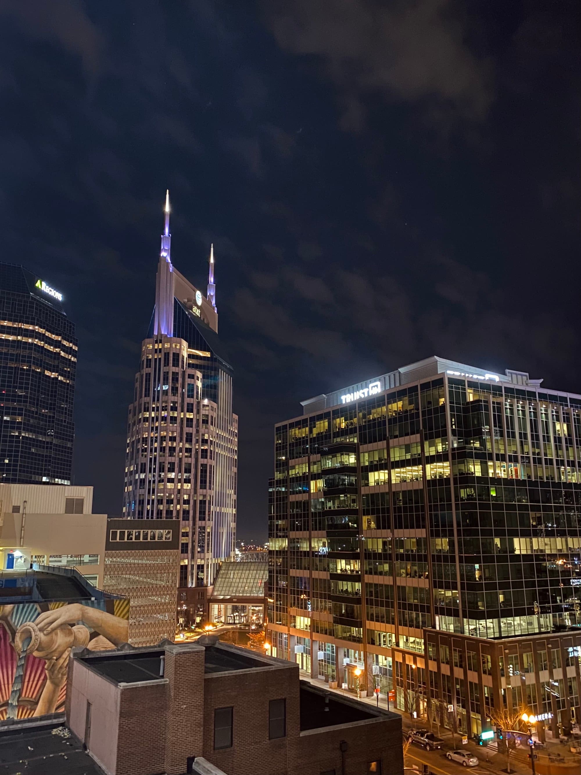 An aerial view of the city during nighttime.