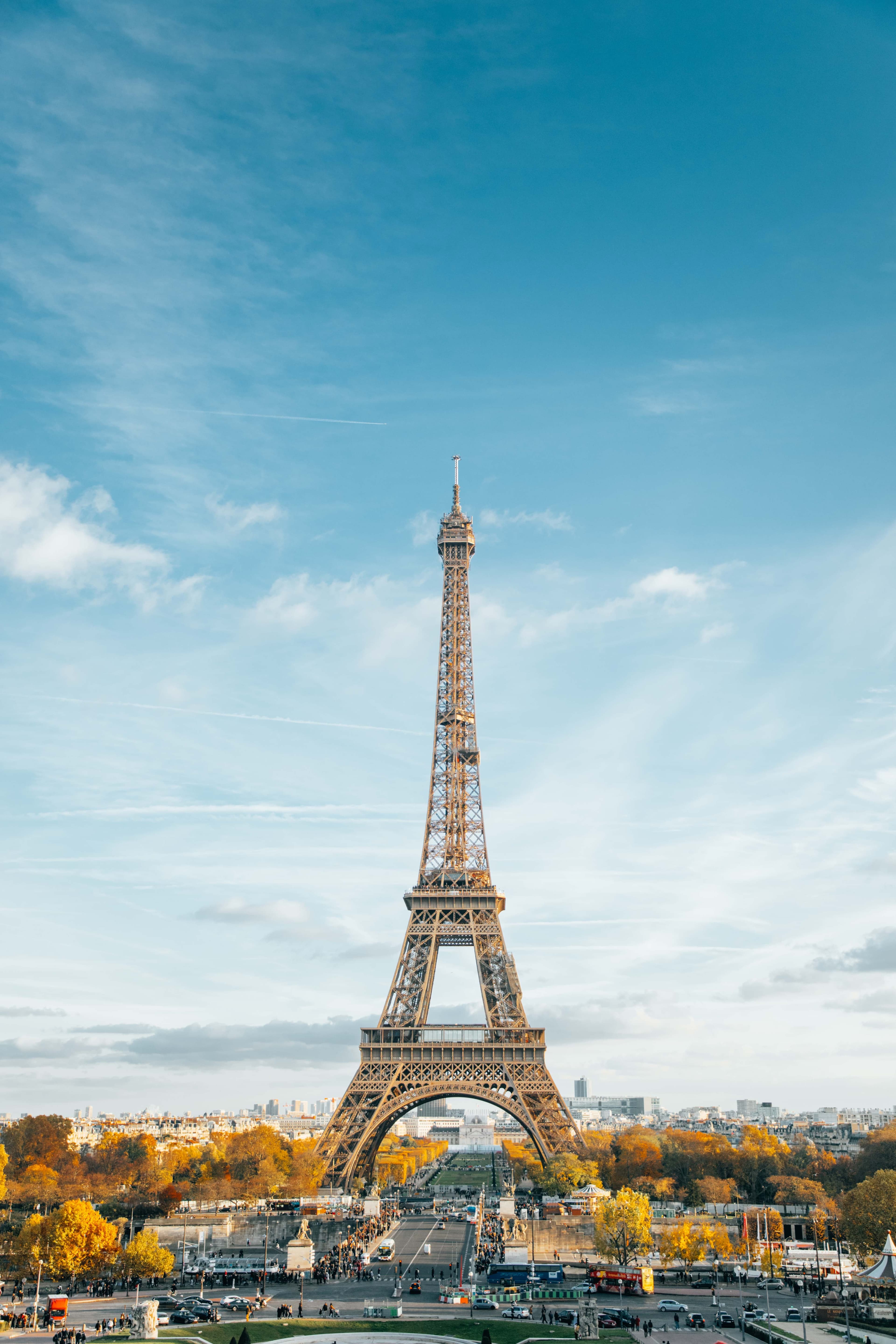Eiffel Tower during fall, standing over Paris and its yellowing leaves.