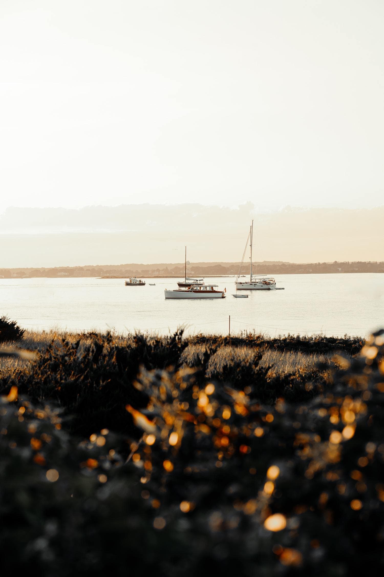 Boats floating on bay during sun rise on a cloudy day in Westerly, RI.