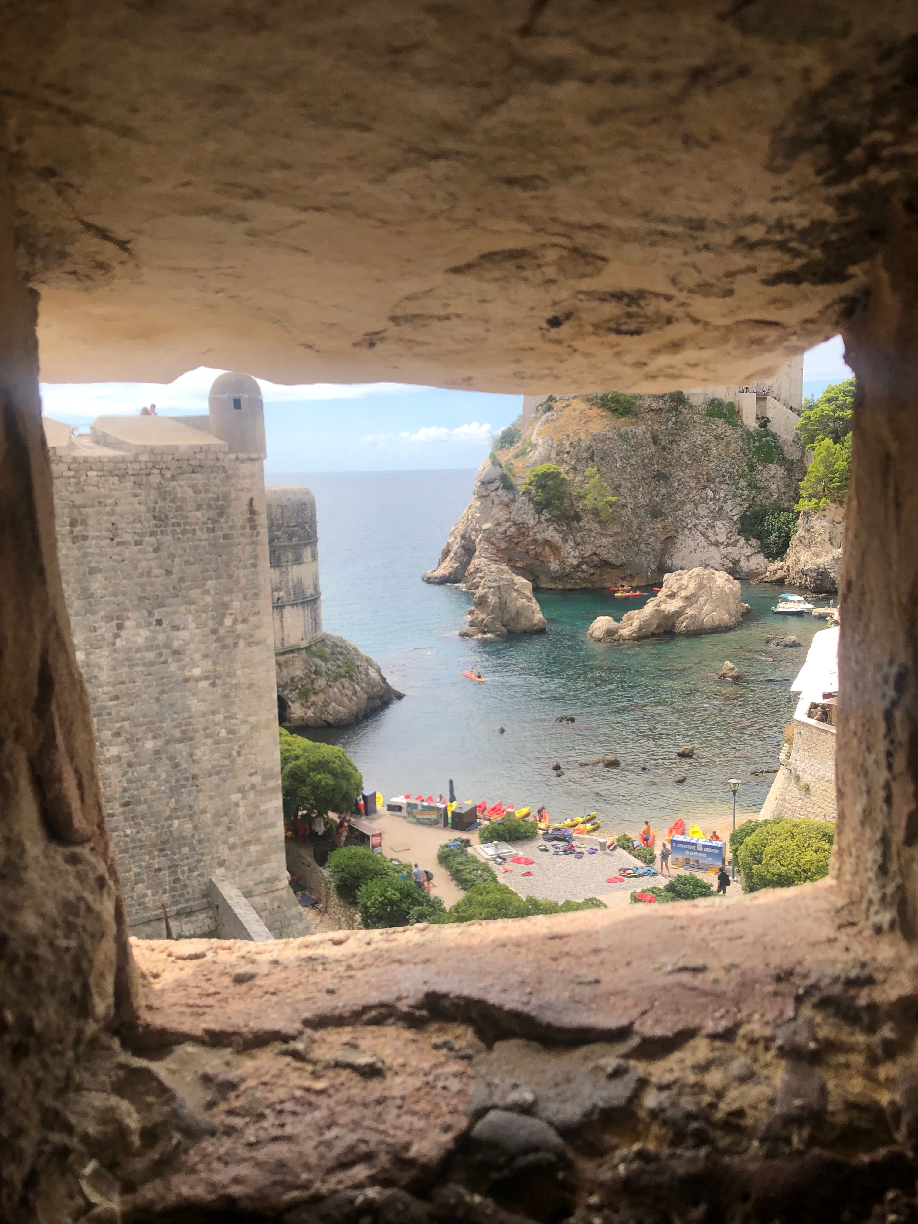 Port of Montenegro flanked by palm trees and boats.