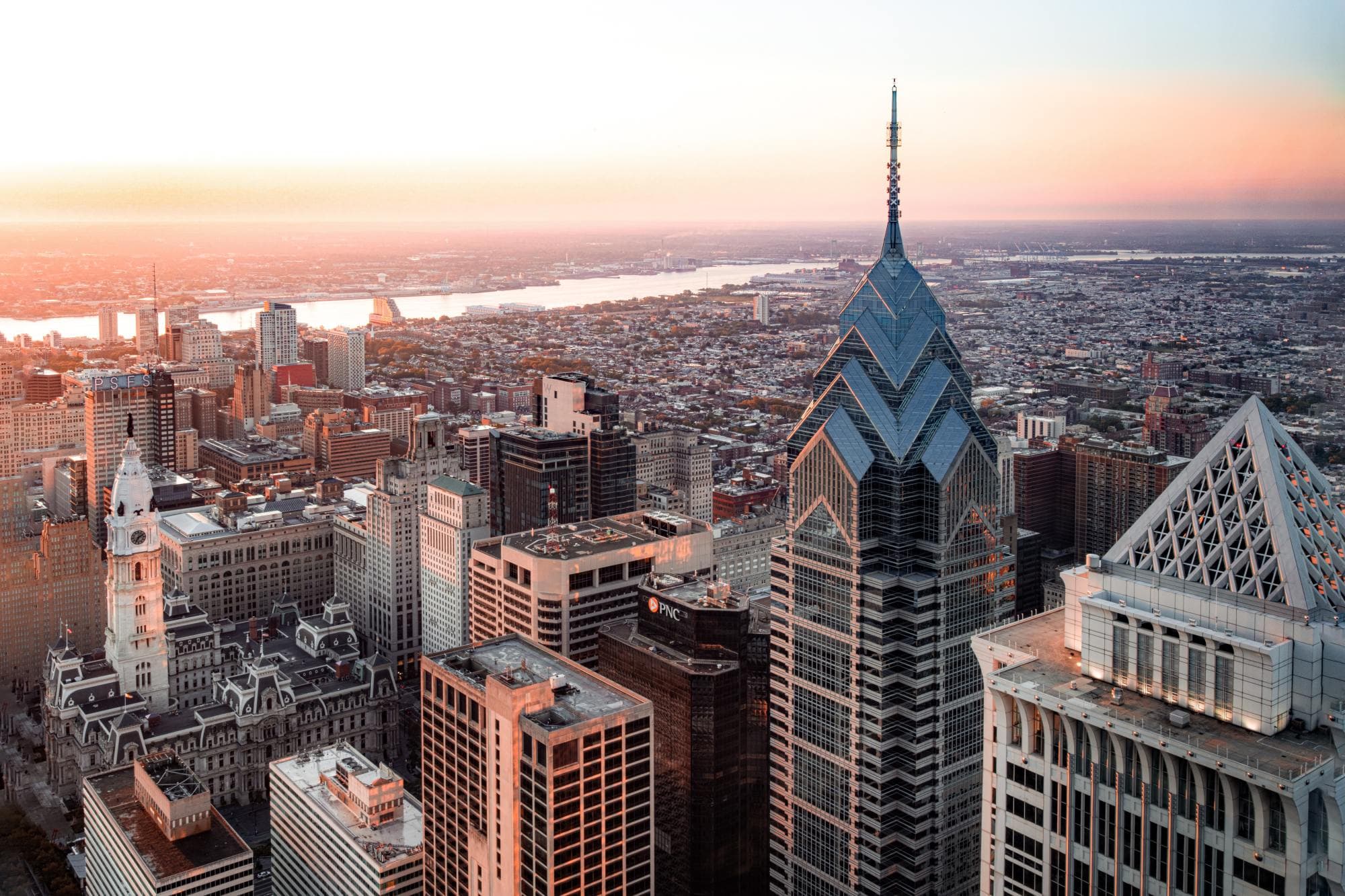 Skyline of downtown Philadelphia during sunset.