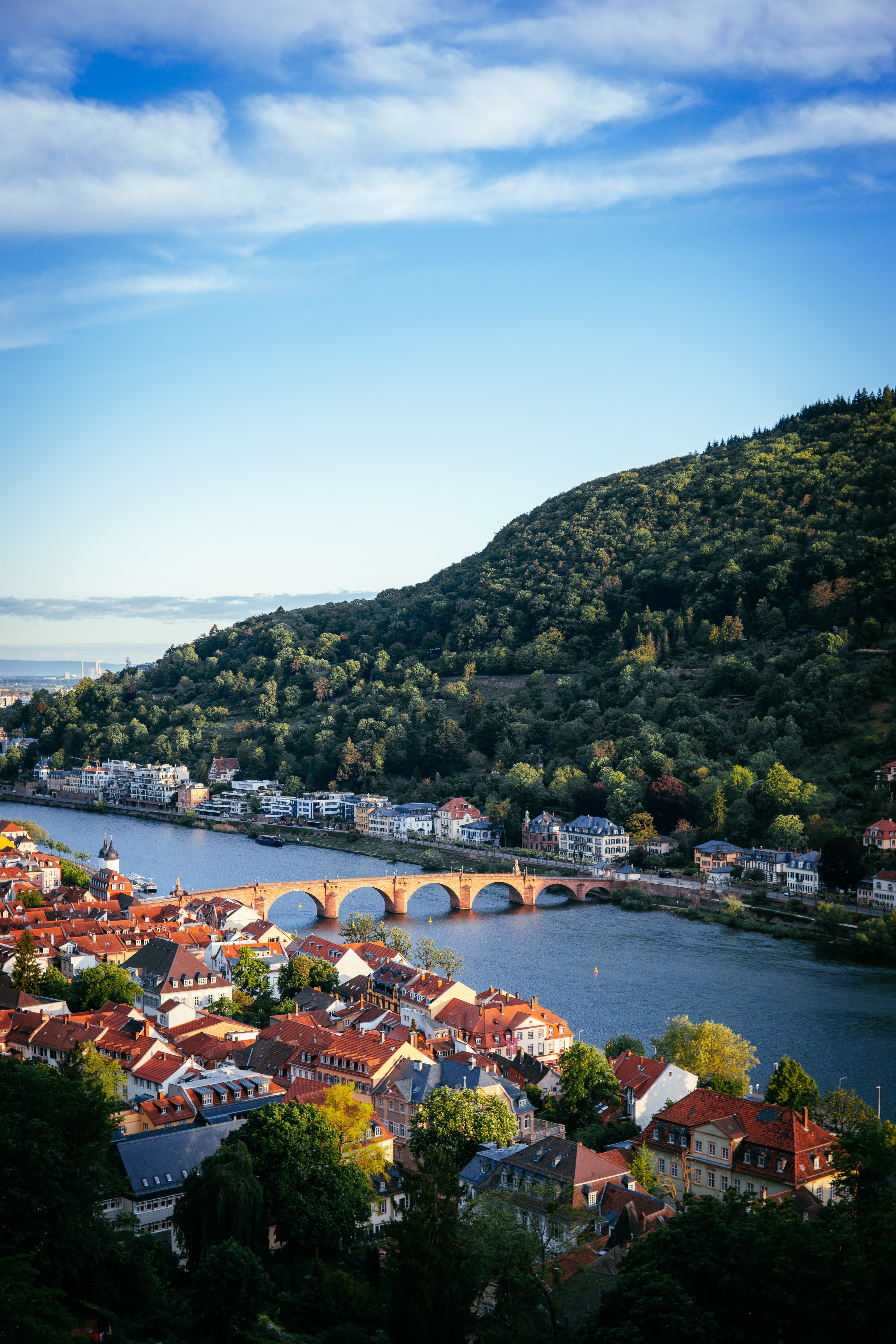 View of bridge, water and houses next to green mountain