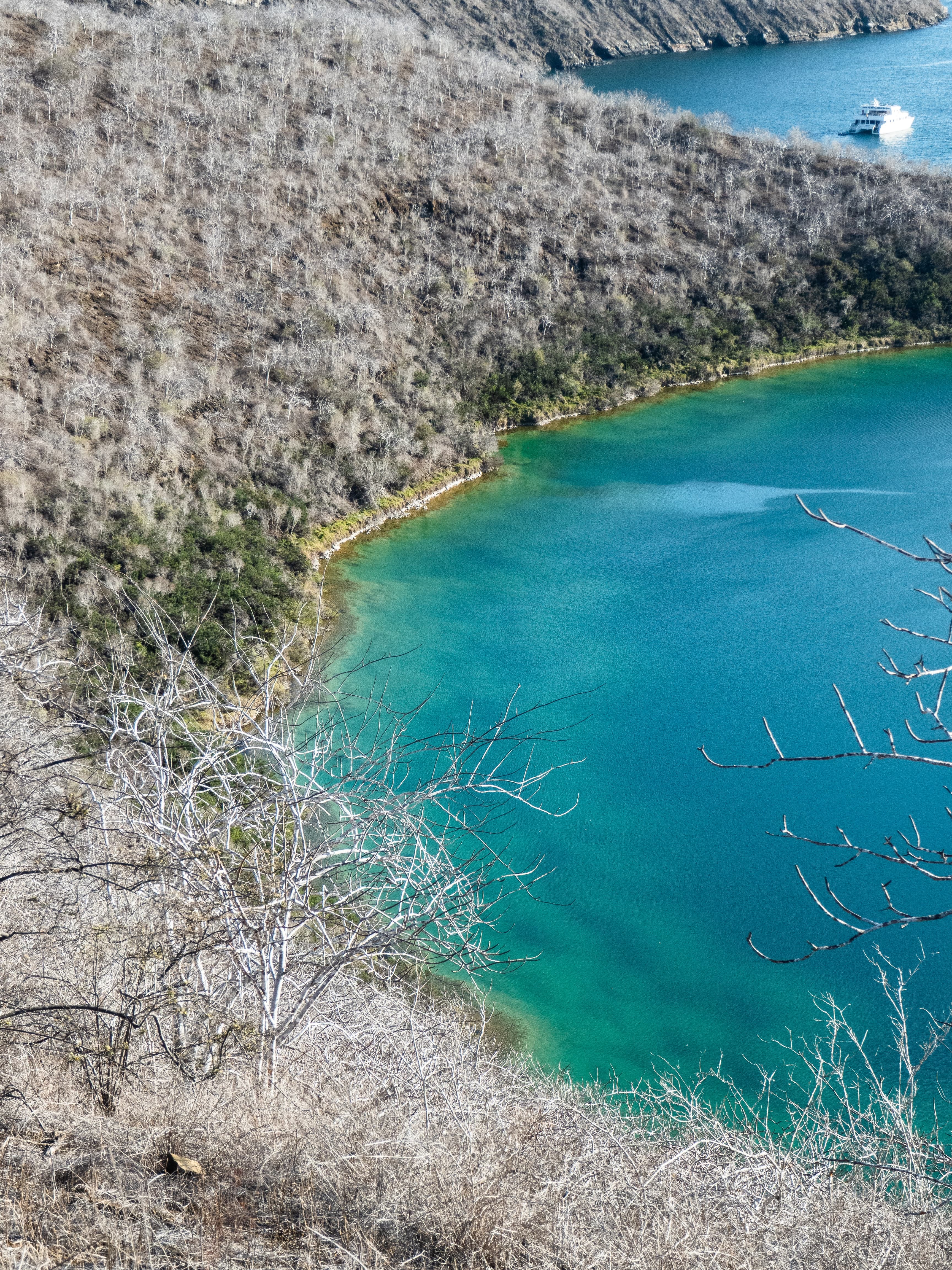 View of blue waters meeting the land in the Galapagos Islands