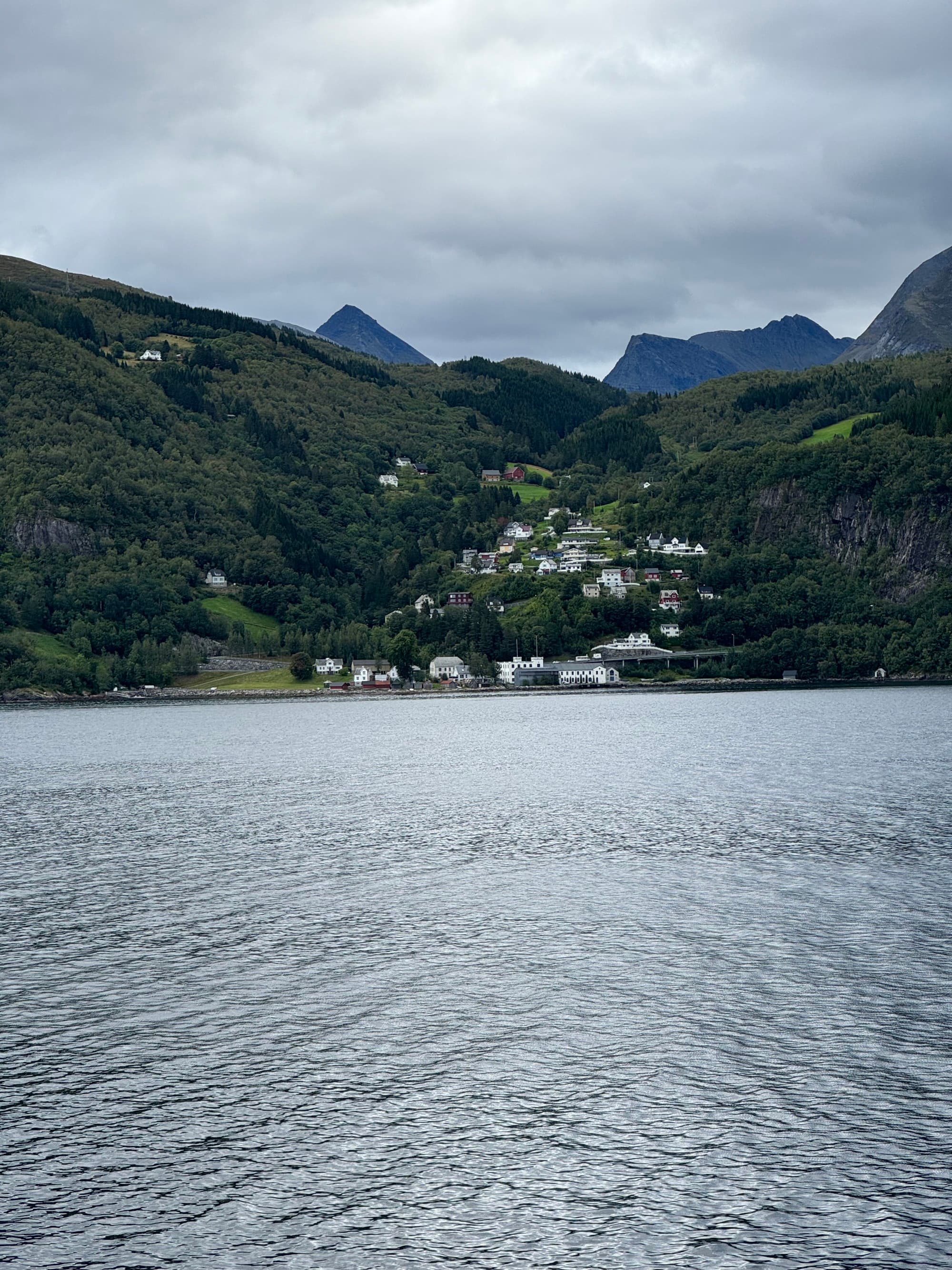 A lake in front of a hill-side during a cloudy day