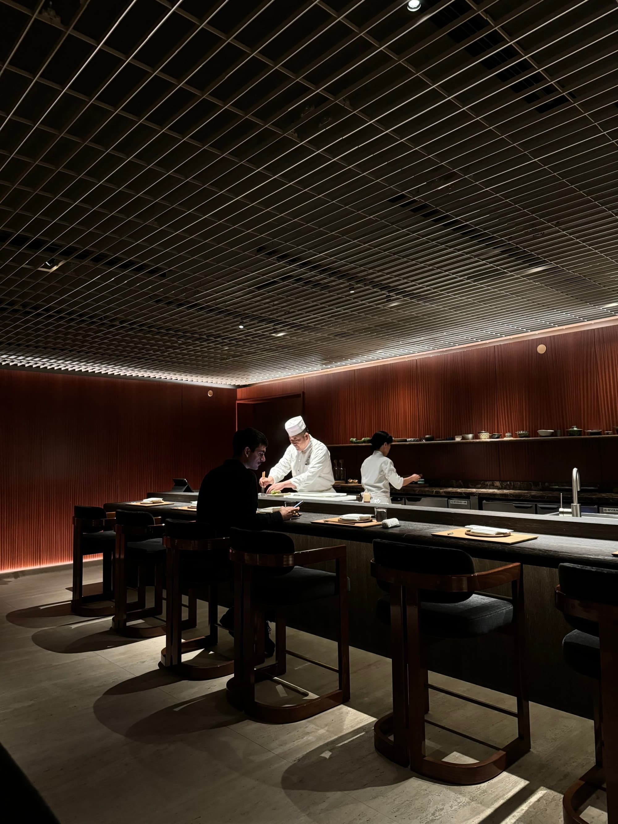 Dining area with a mysterious and dark interior.