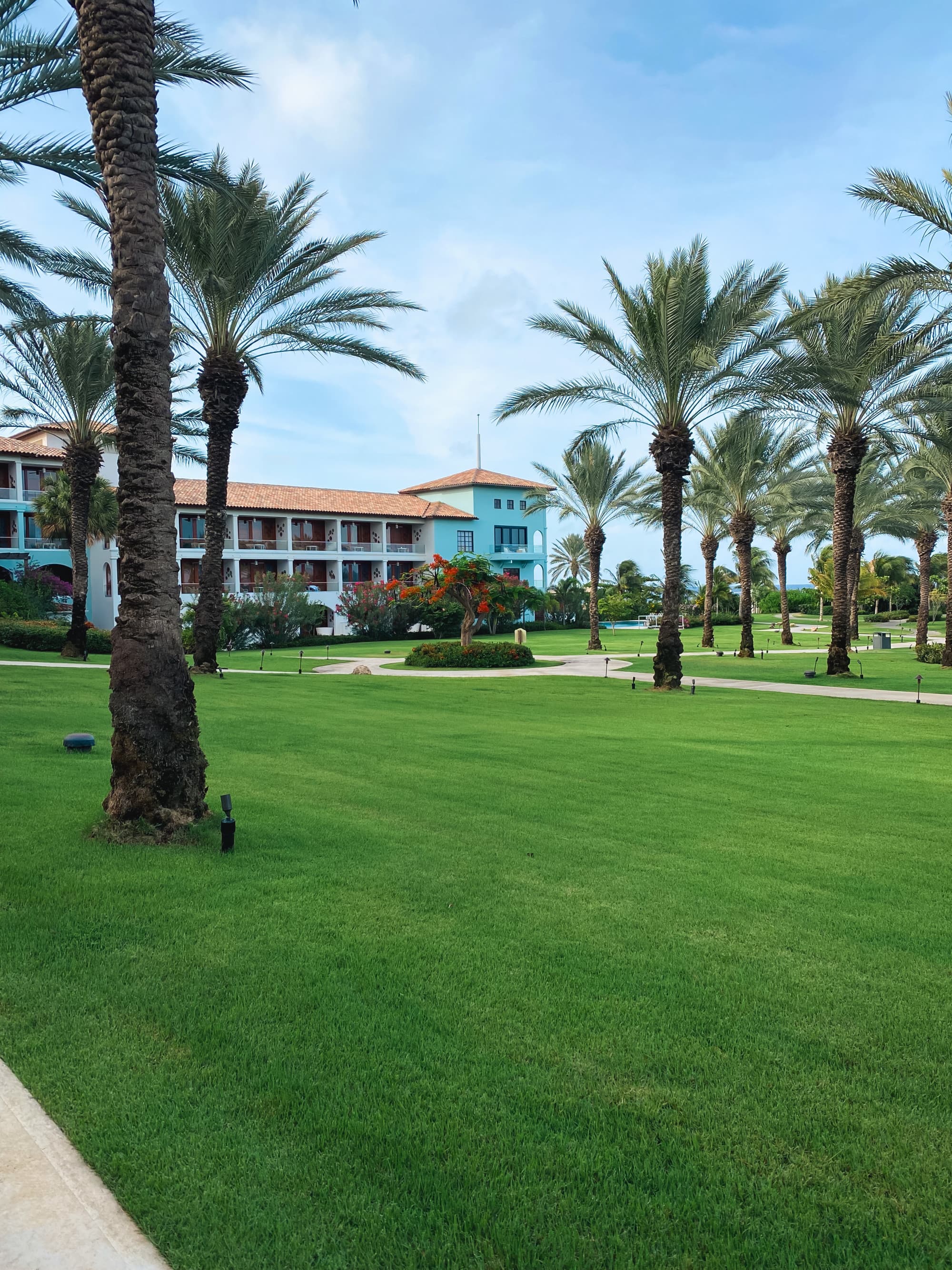 Hotel exterior with palm trees and a green lawn.