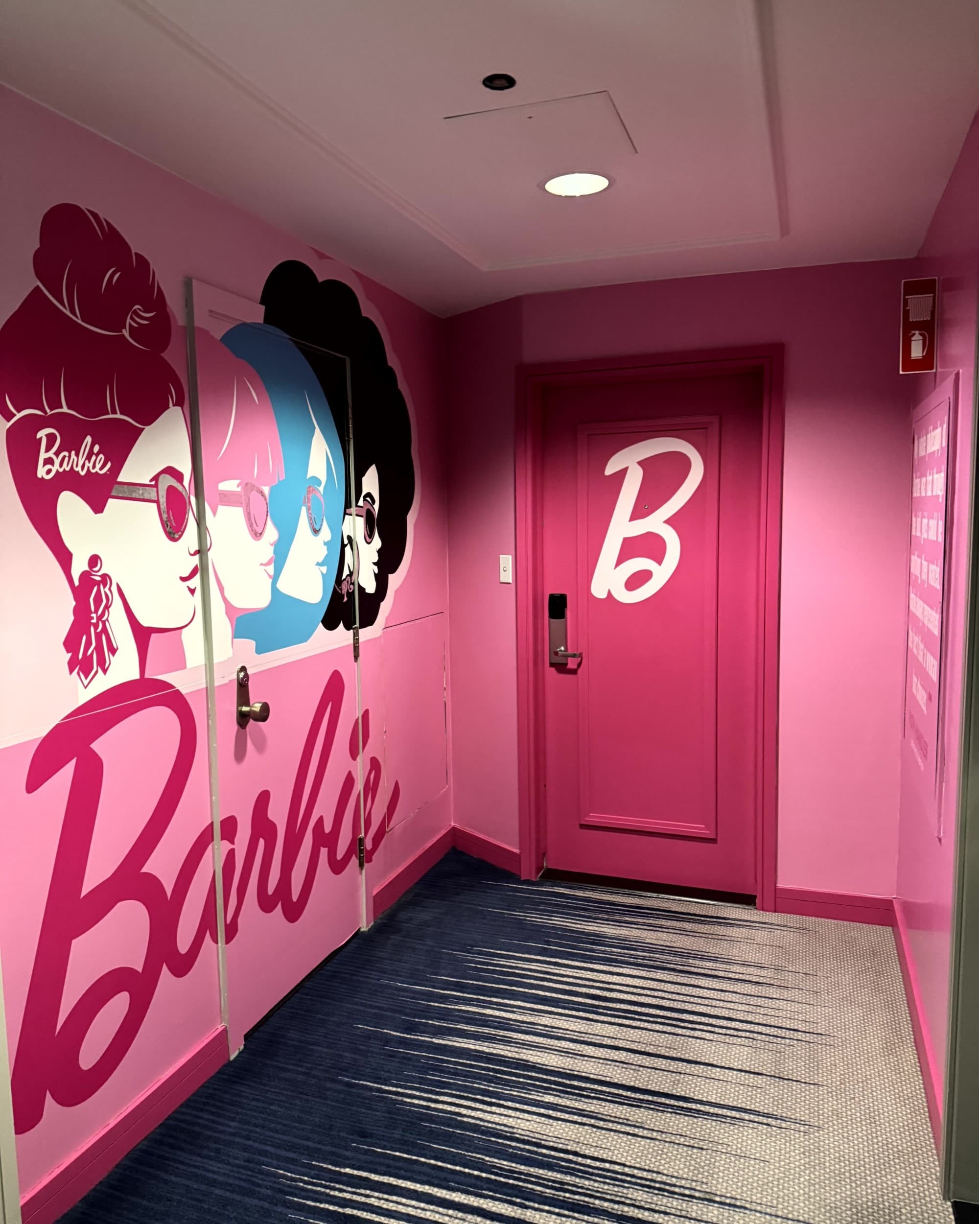 A room painted pink with a Barbie mural on one wall and a giant B on one door with black and white carpet. Special Experiences - Barbie - Rondene Grinam