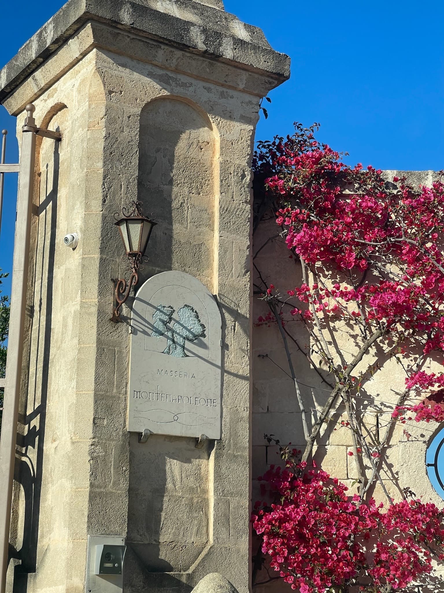A side view of an old stone building, naturally decorated with pink flowers, with a blue sky in the background.