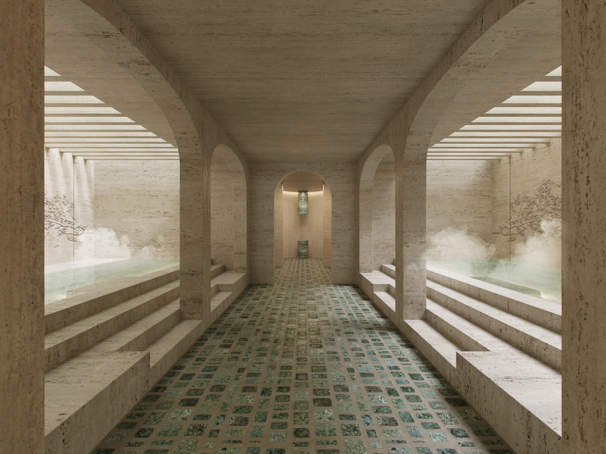 a luxe stone sauna area flanked by two heated pools