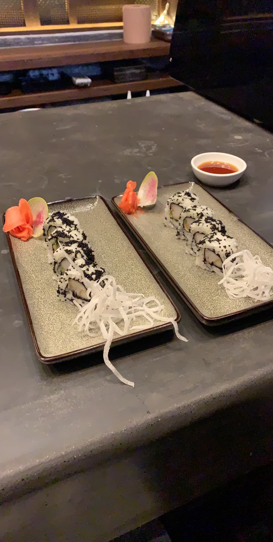 Food View with dipping sauces on a table