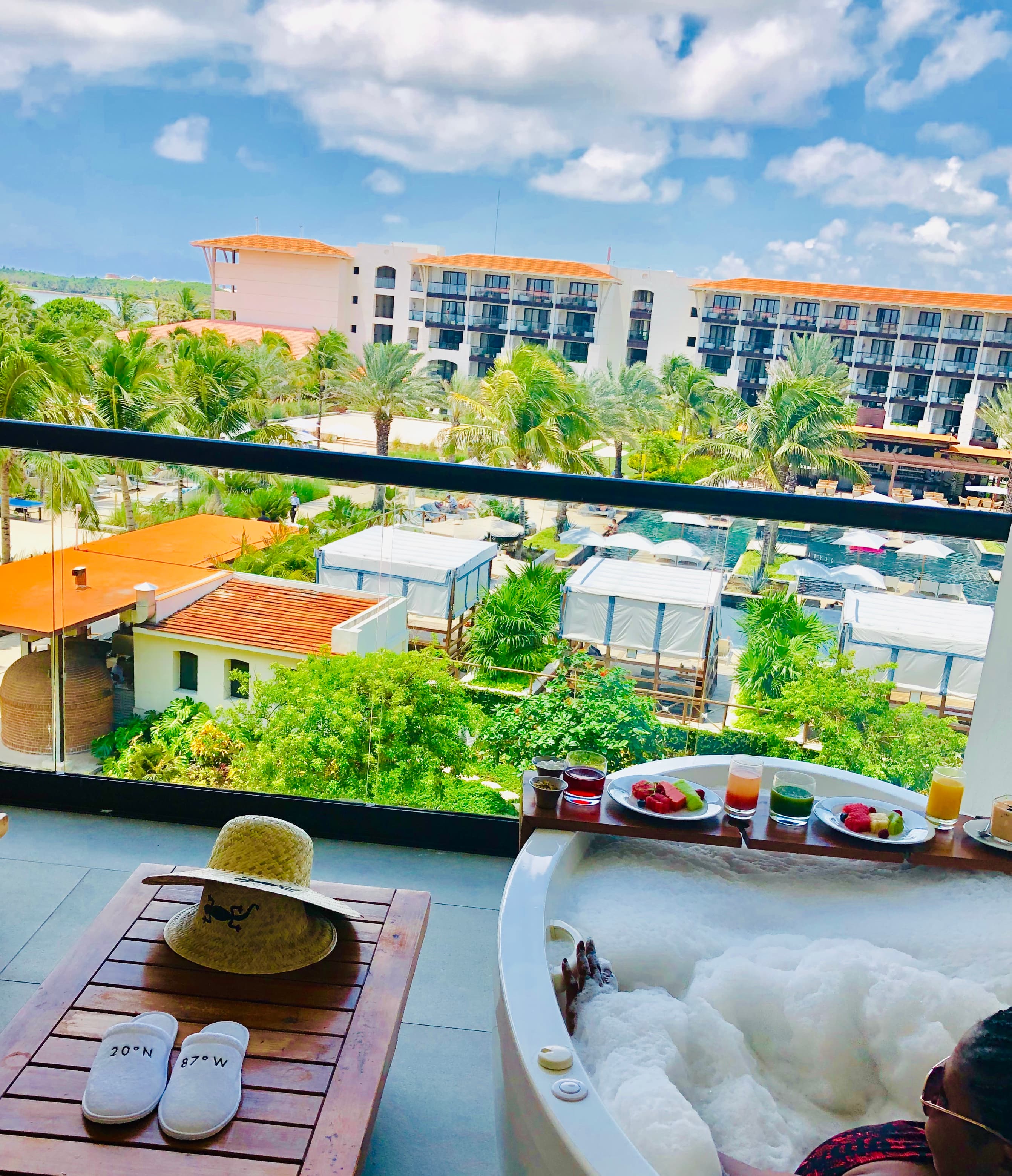 View from the balcony with an outdoor bathtub and palm trees in the distance