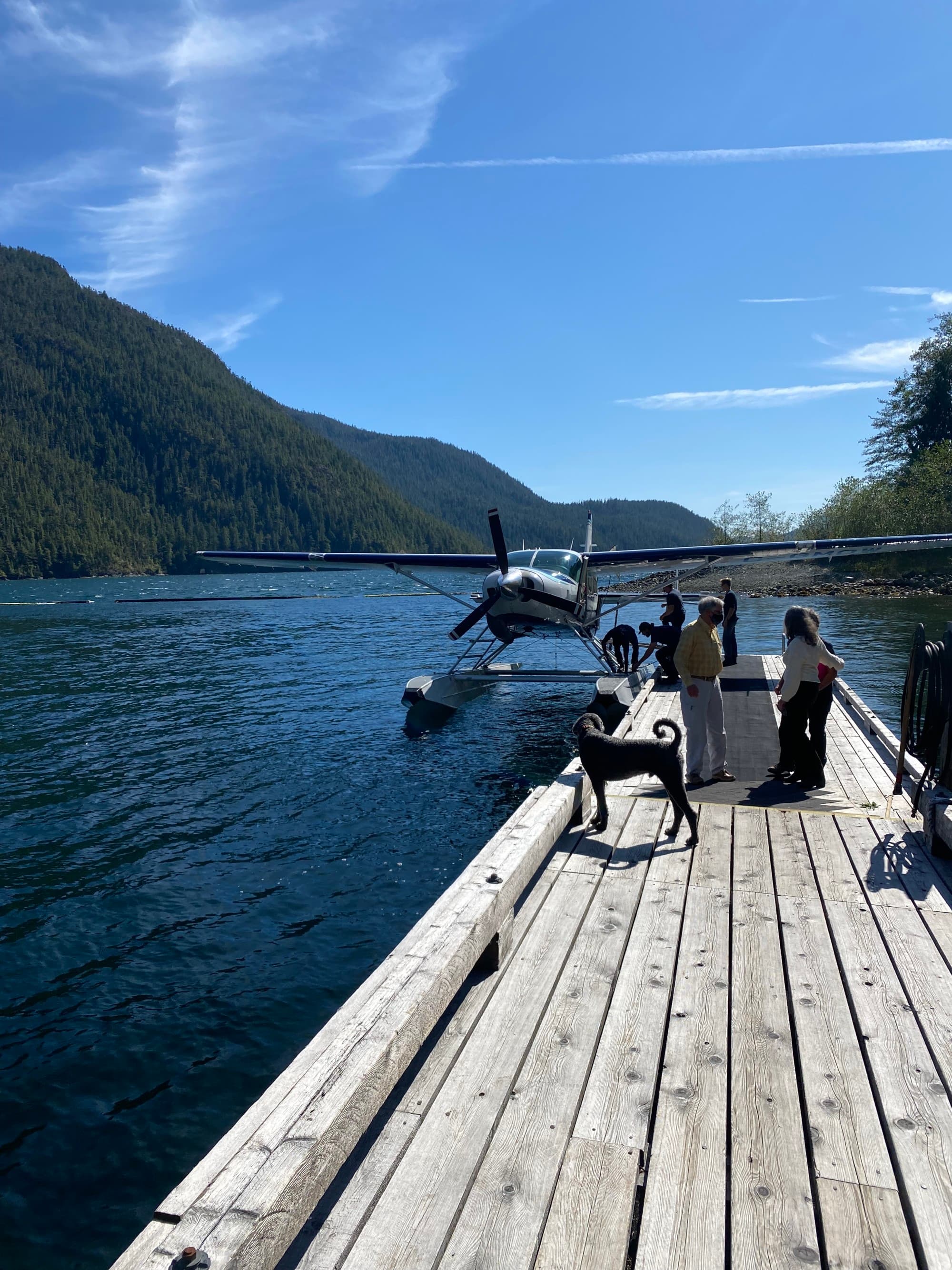 A view of people on a wooden dock next to an airplane parked on the water with a green mountain in the background.