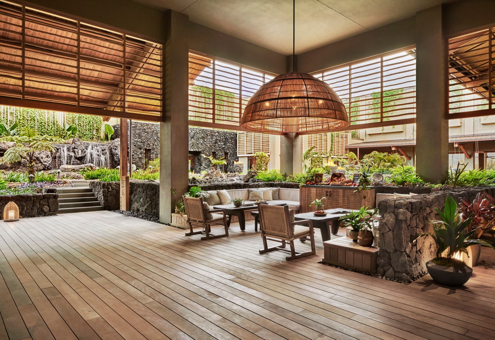 hotel lobby brimming with tropical plants