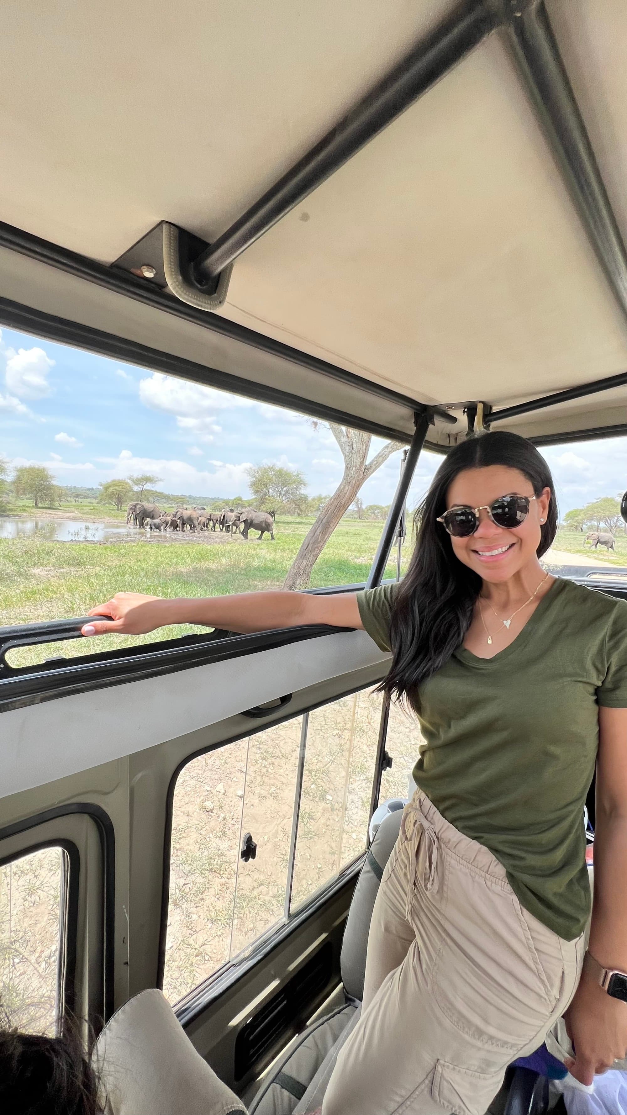 a woman in a green shirt and sunglasses stands in a vehicle while on safari