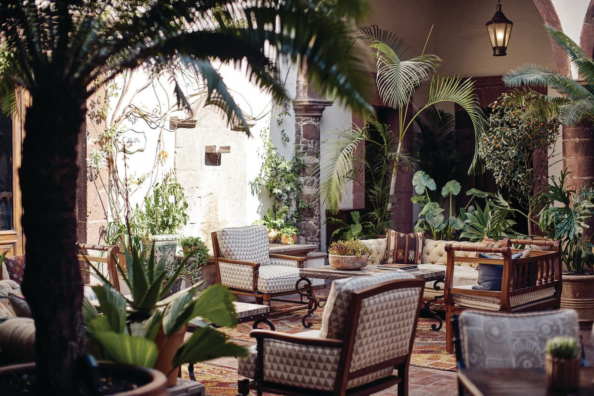 plush tables and chairs in an outdoor seating area filled with palm trees