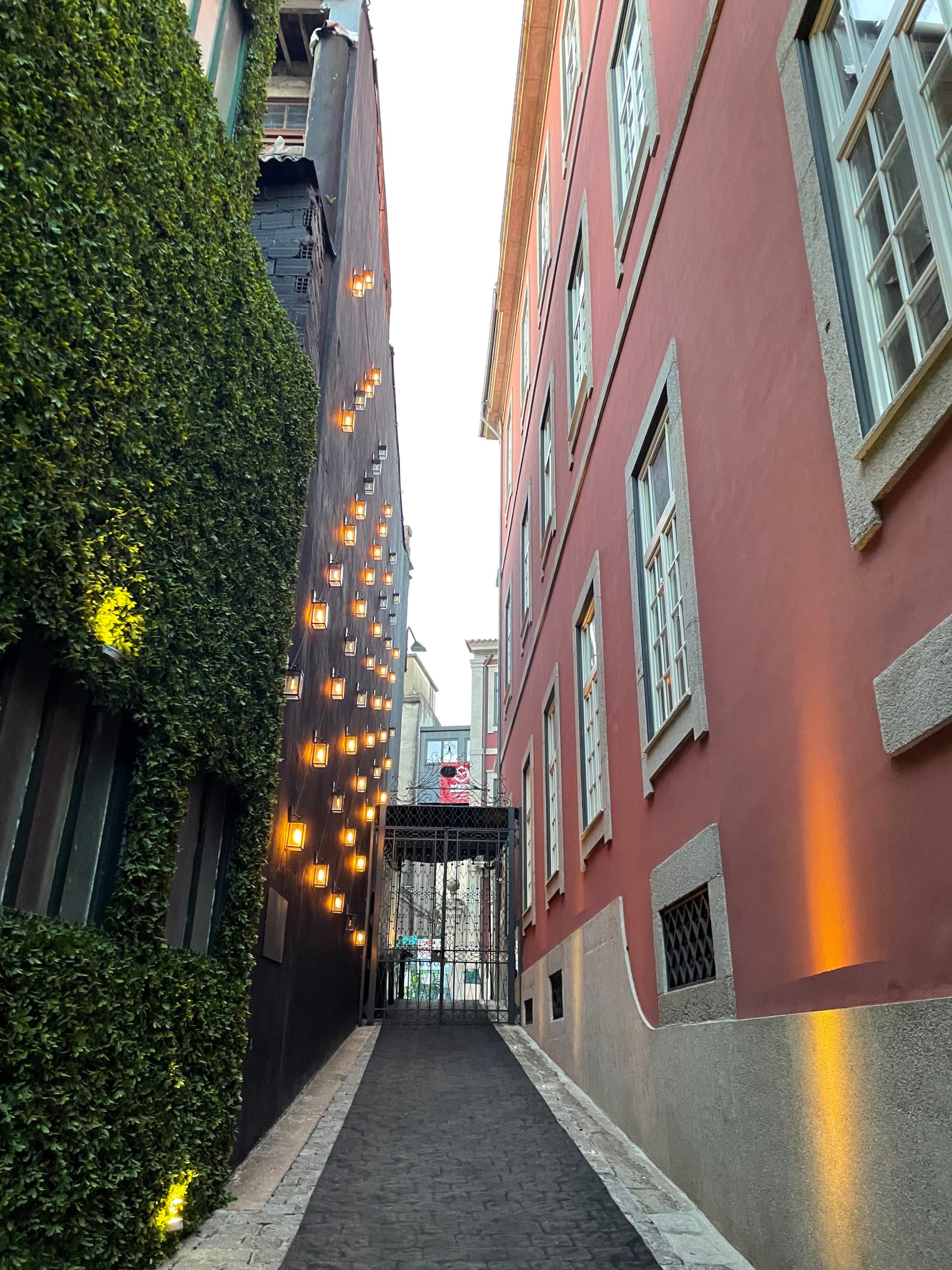 A narrow alleyway between 2 buildings during daytime