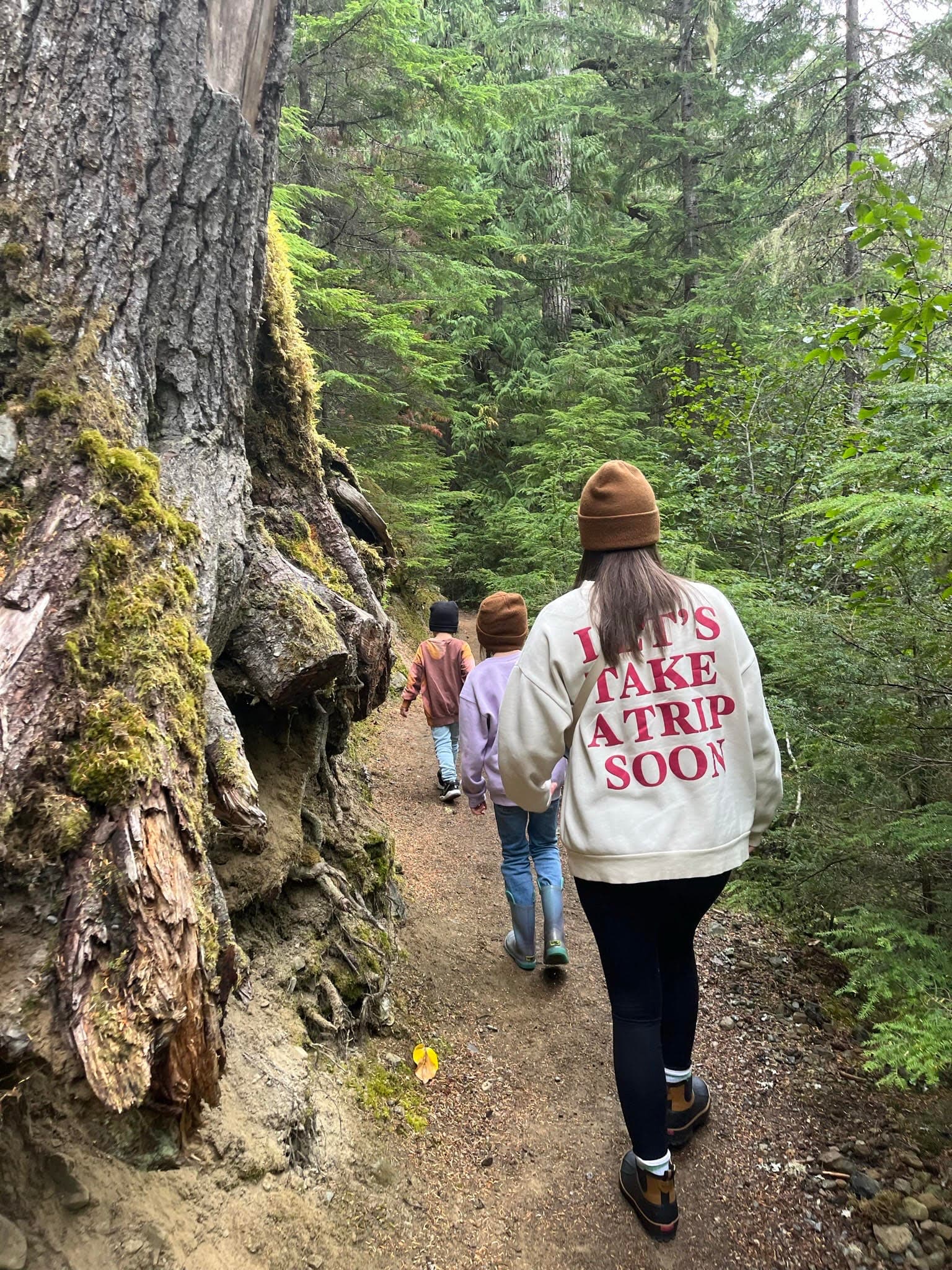 A woman and two kids walking down a dirt path near a large tree in a forest.