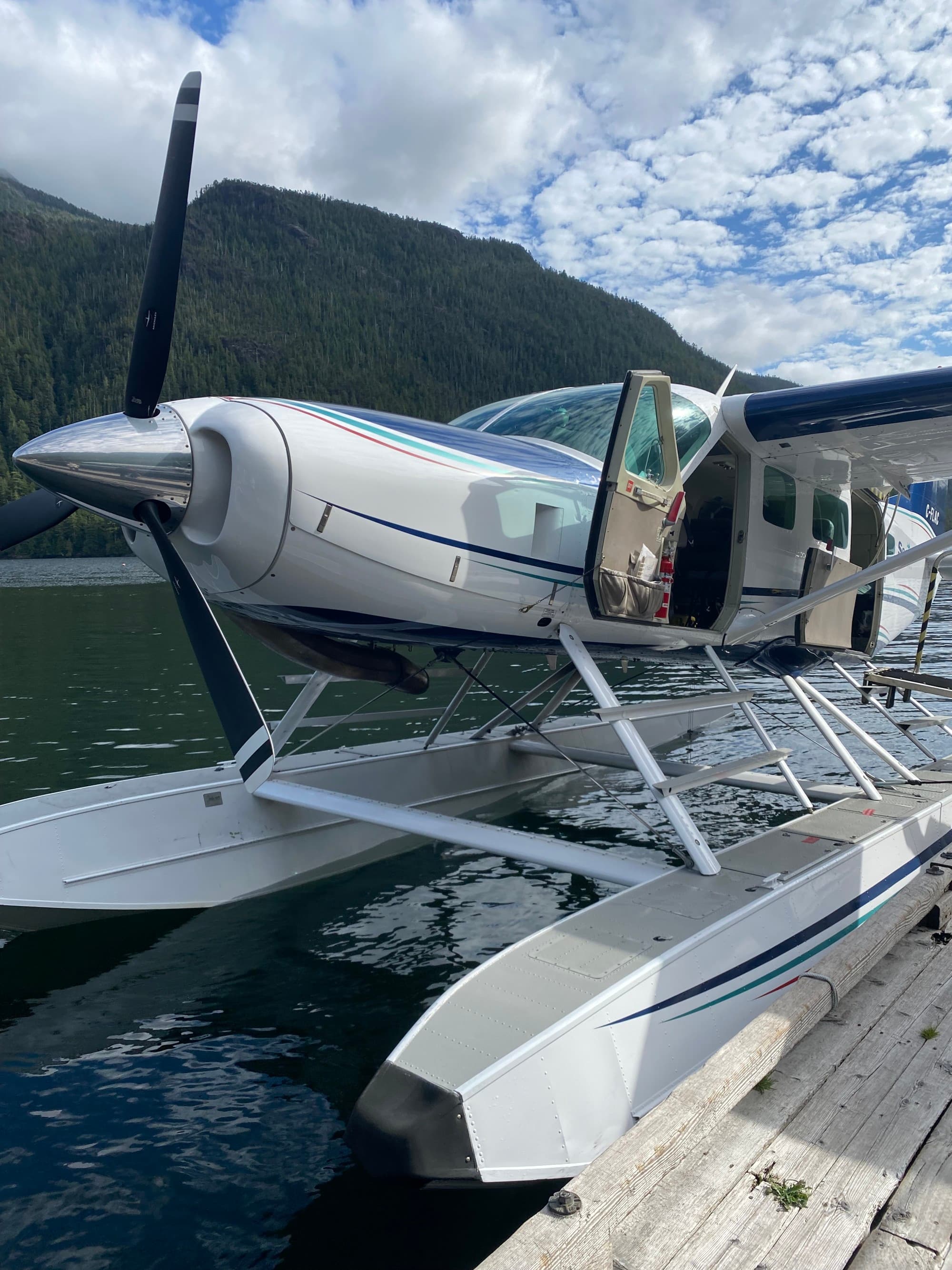 A large silver plane parked on top of water with a mountain in the background.
